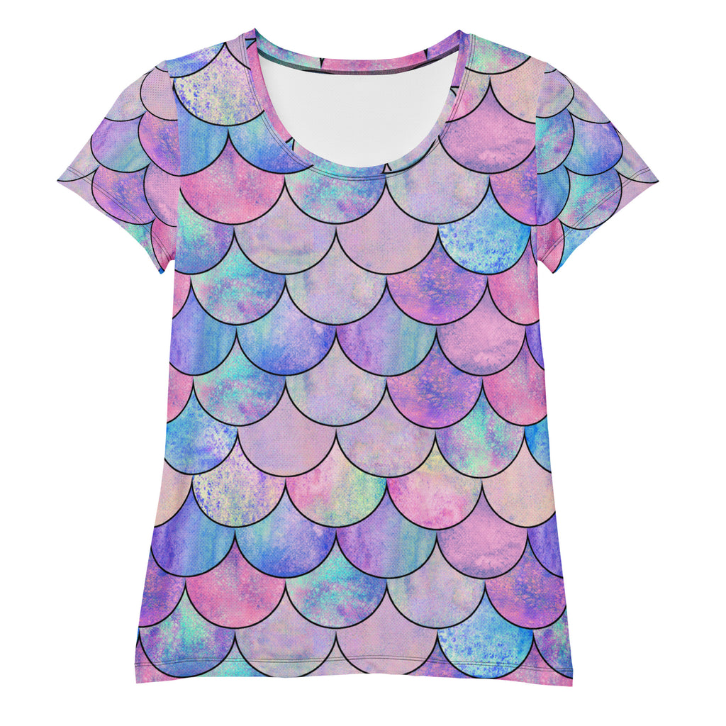 Women’s pastel mermaid performance athletic t-shirt with watercolor mermaid scale pattern, moisture-wicking and UPF 50+