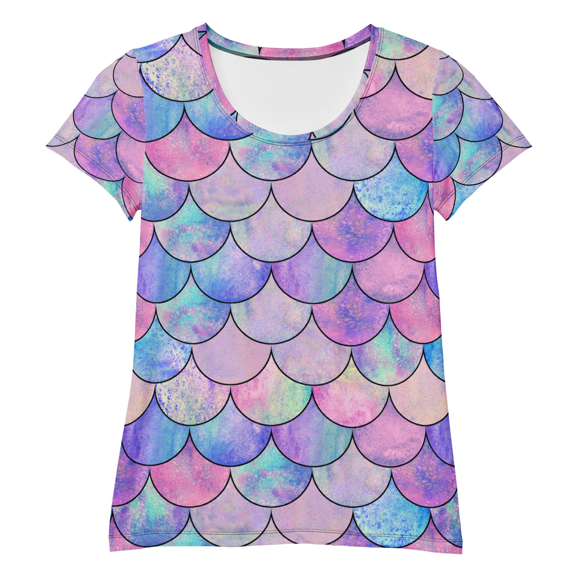 Women’s pastel mermaid performance athletic t-shirt with watercolor mermaid scale pattern, moisture-wicking and UPF 50+