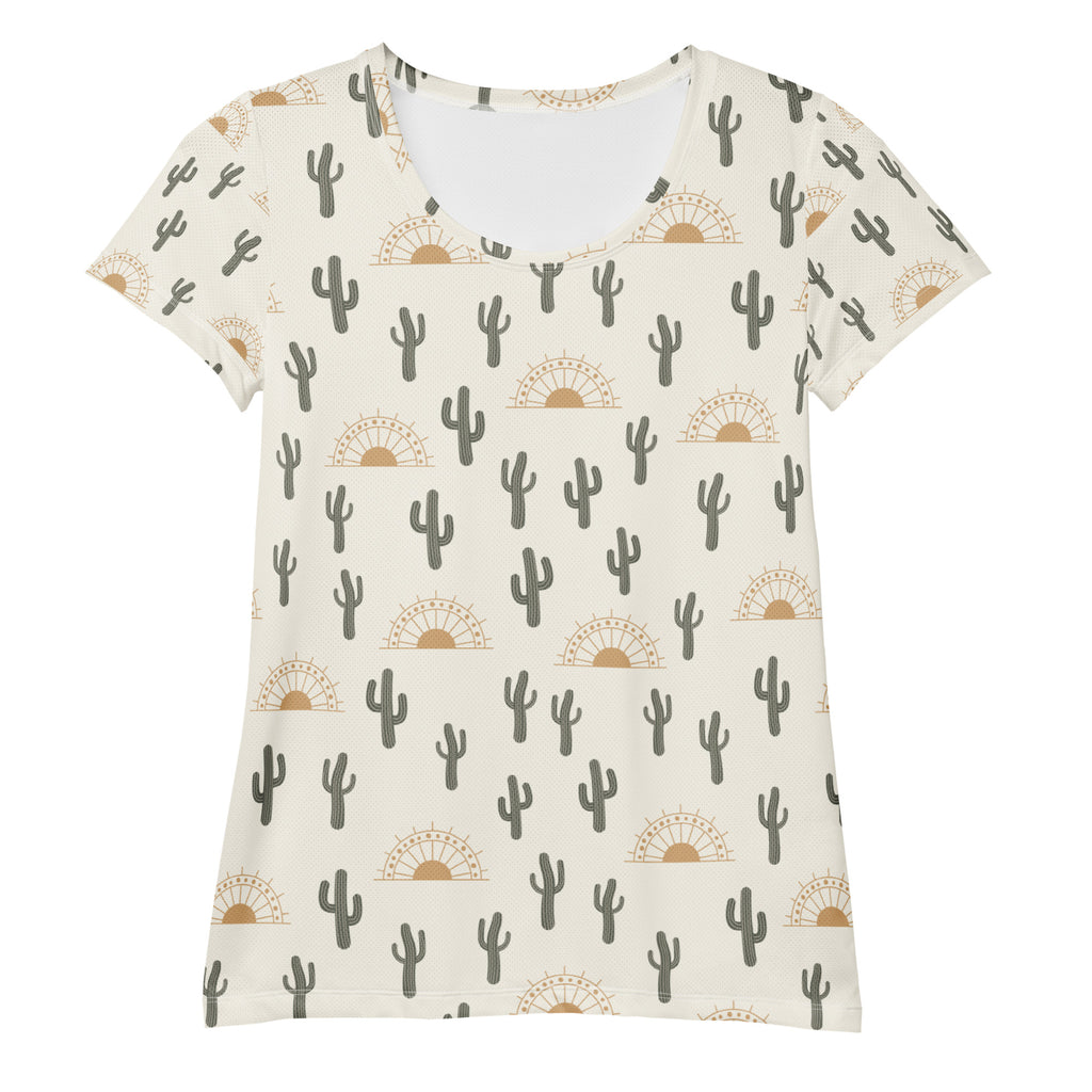 Cream-colored women’s desert cactus sunrise performance t-shirt with gray cactus pattern and UPF 50 plus moisture wicking fabric