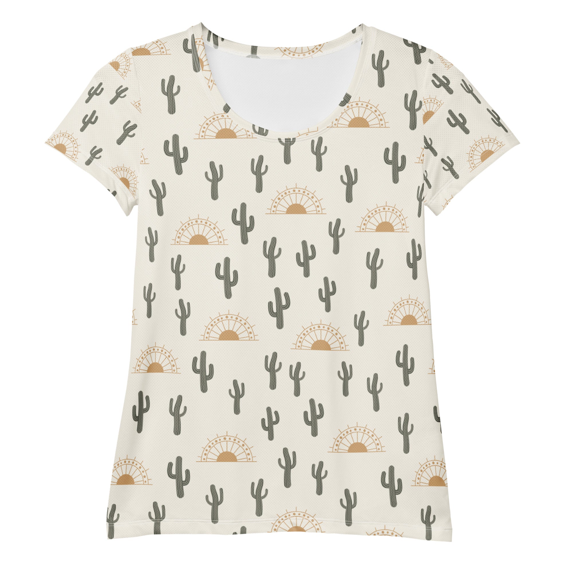 Cream-colored women’s desert cactus sunrise performance t-shirt with gray cactus pattern and UPF 50 plus moisture wicking fabric