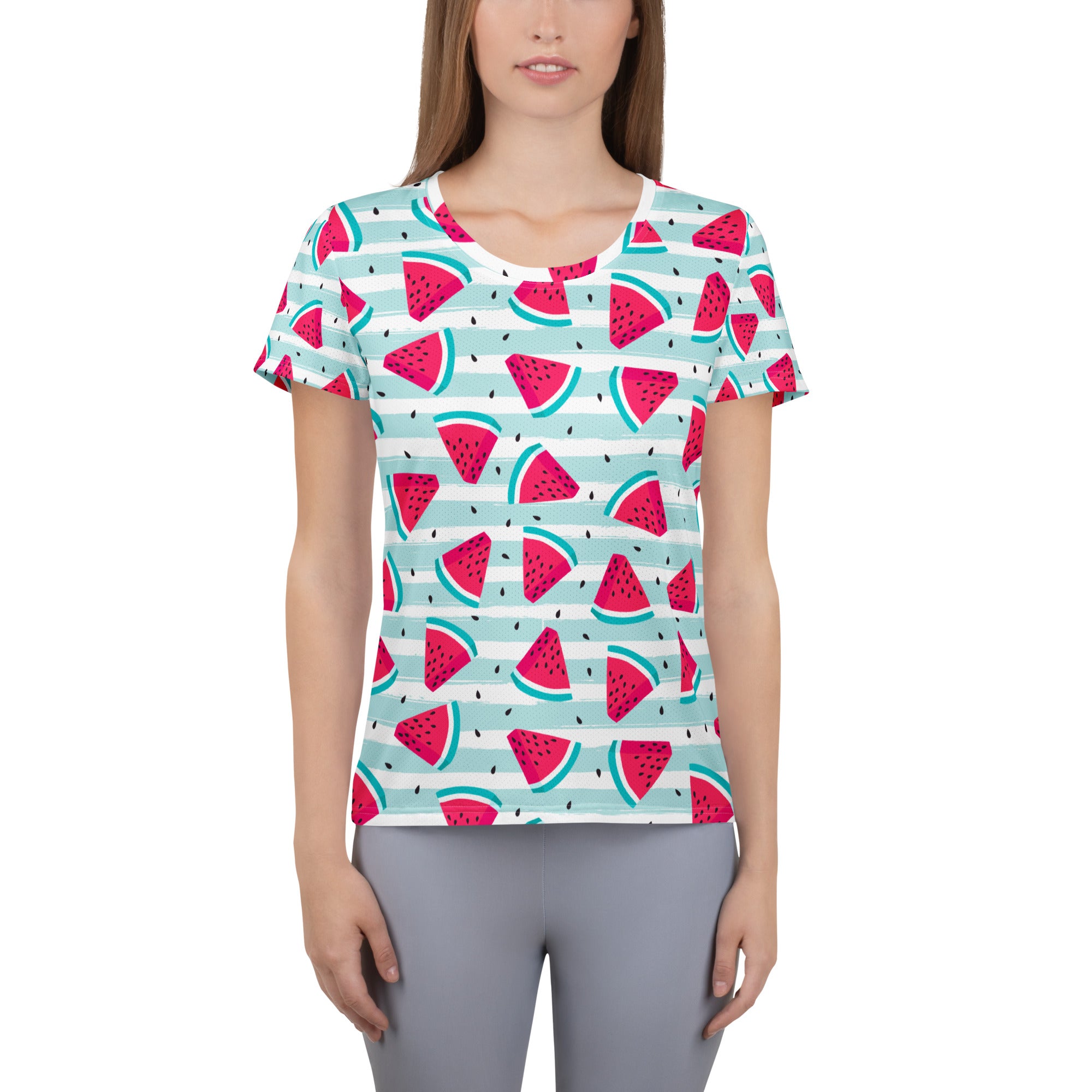 Women’s short-sleeved performance t-shirt with pink watermelon slices on light blue and white stripes, moisture wicking with UPF 50+