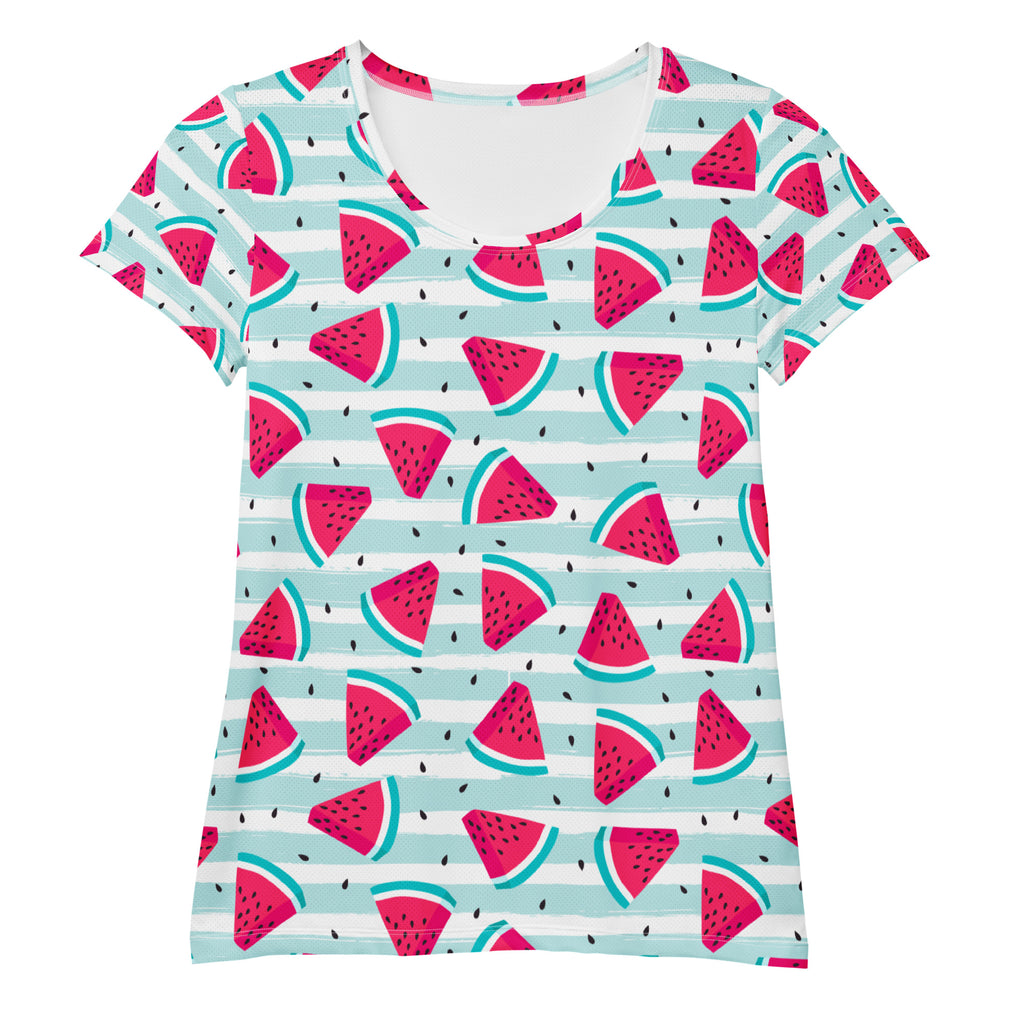 Women’s lightweight moisture wicking performance athletic t-shirt with pink watermelon pattern on blue white stripes