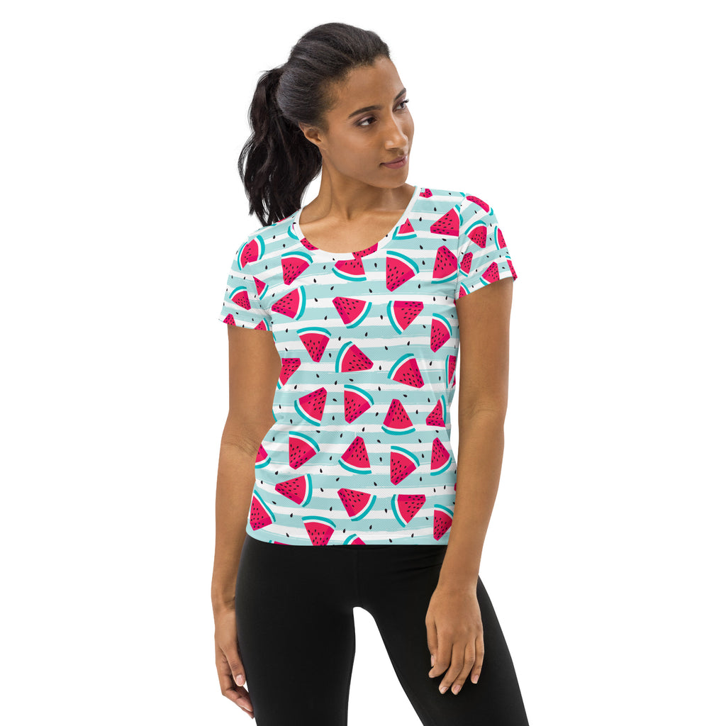 Women’s lightweight moisture wicking athletic t-shirt with pink watermelon pattern on light blue striped fabric and UPF 50+