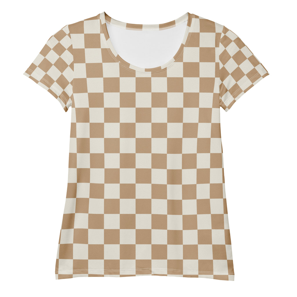 Women’s beige checkered performance athletic t-shirt with soft scoop neckline and moisture wicking lightweight fabric