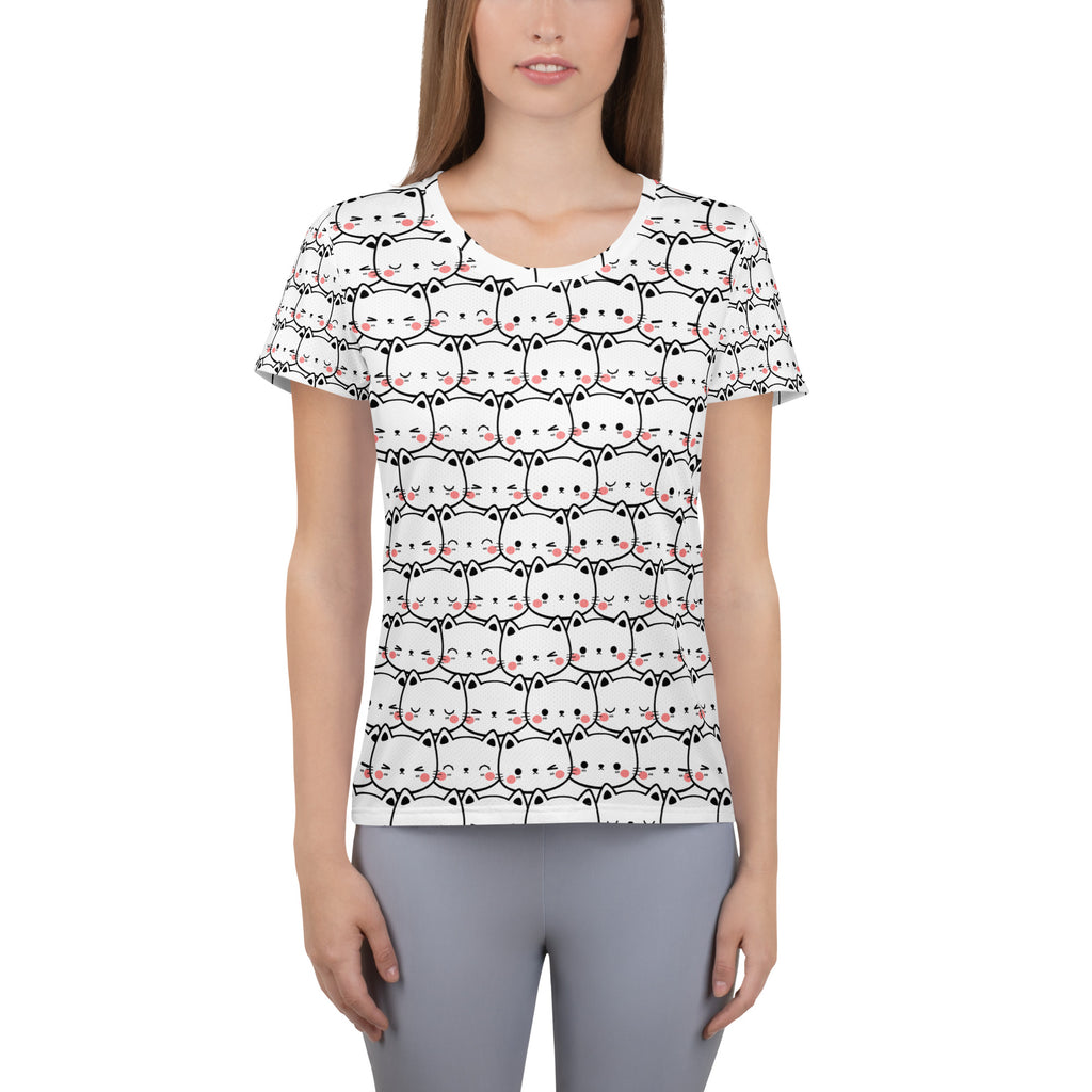 White short-sleeved women’s athletic t-shirt with black cartoon cat print pink blush cheeks lightweight moisture wicking upf 50+