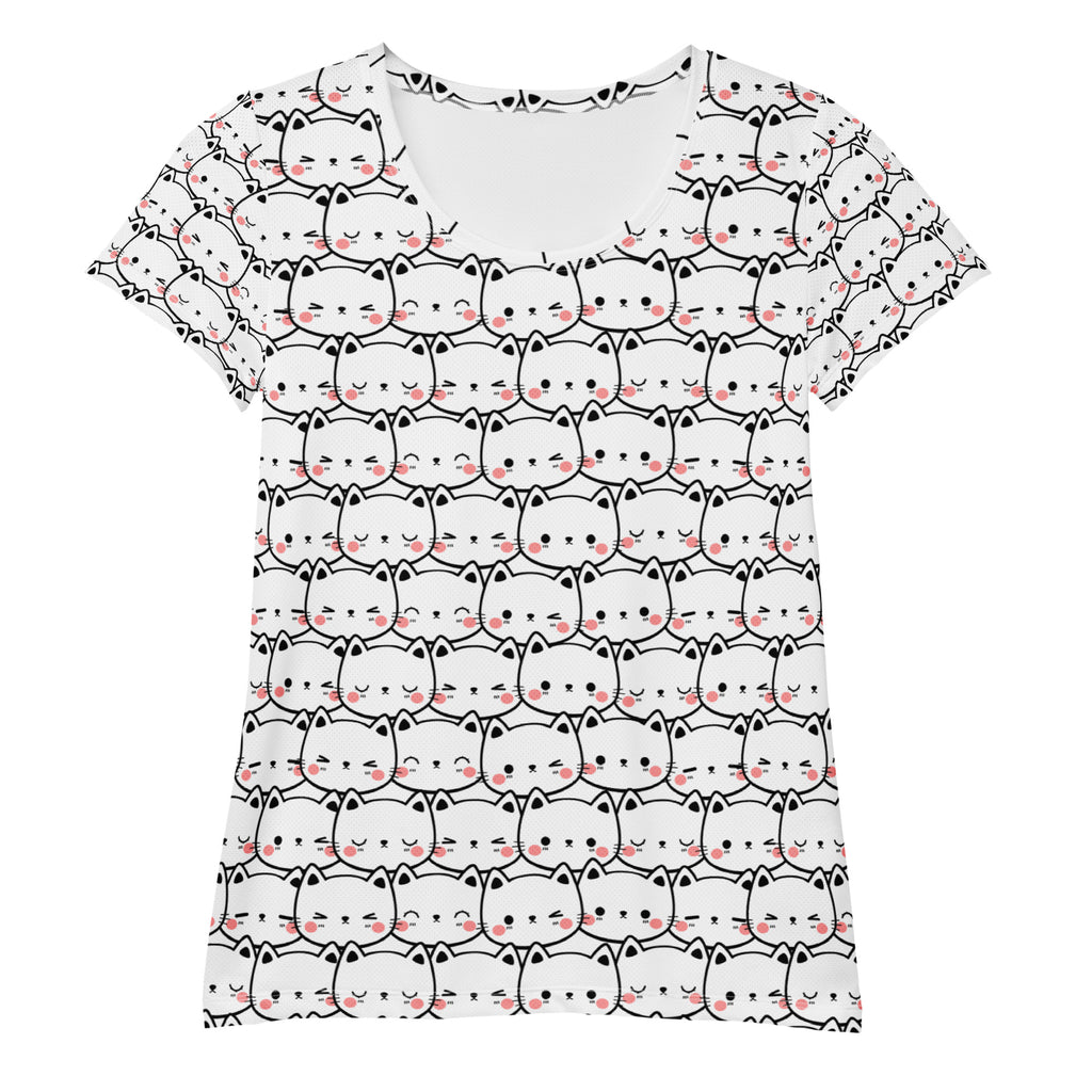 White short-sleeved lightweight moisture wicking athletic t-shirt with cute black outlined cartoon cats and pink cheeks
