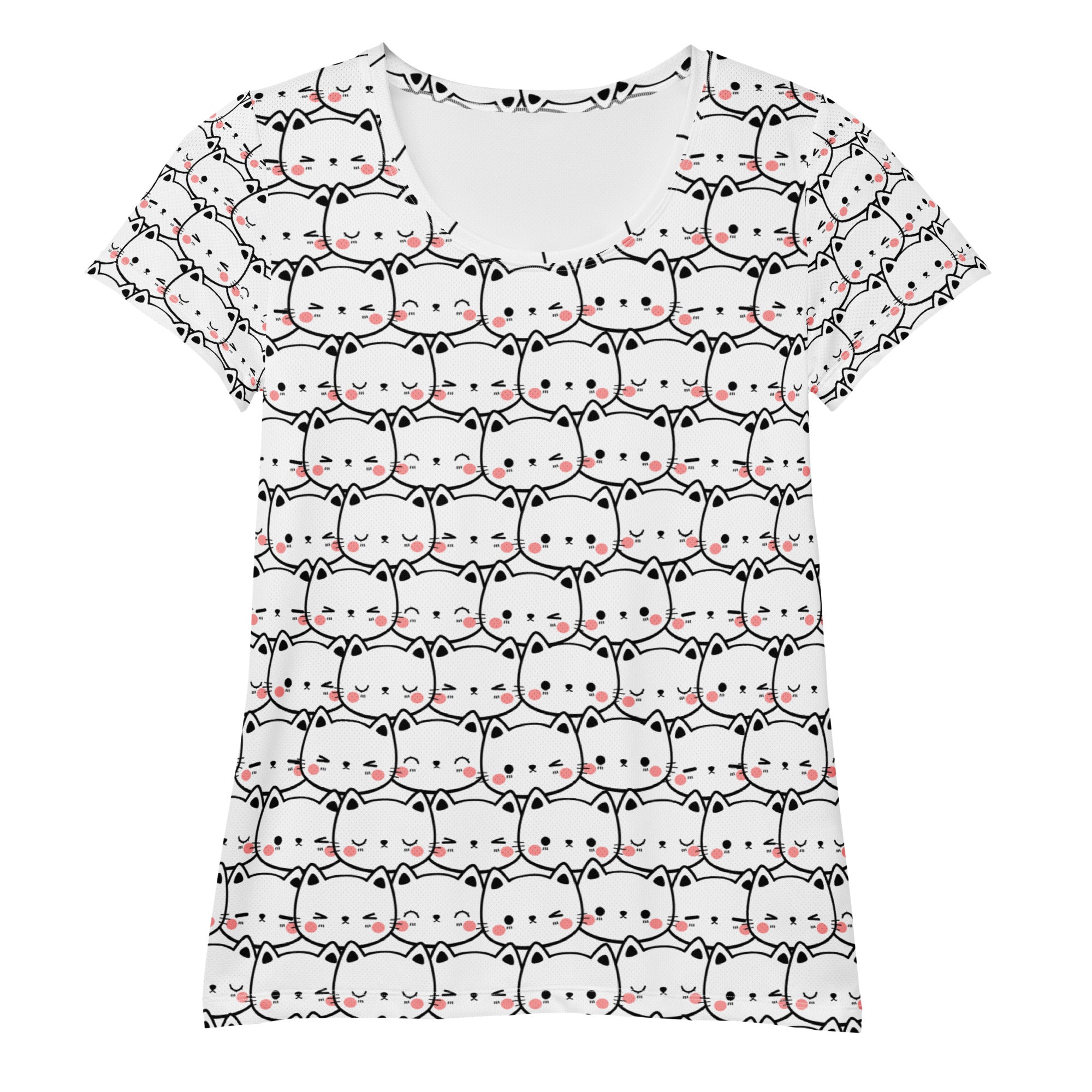 White short-sleeved lightweight moisture wicking athletic t-shirt with cute black outlined cartoon cats and pink cheeks