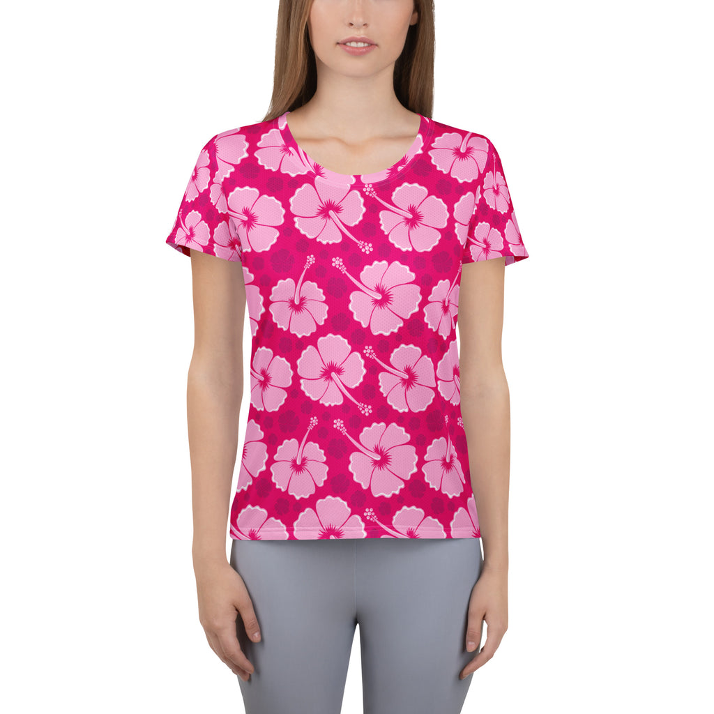 Women’s pink hibiscus performance athletic t-shirt with bold light pink flowers lightweight moisture wicking top
