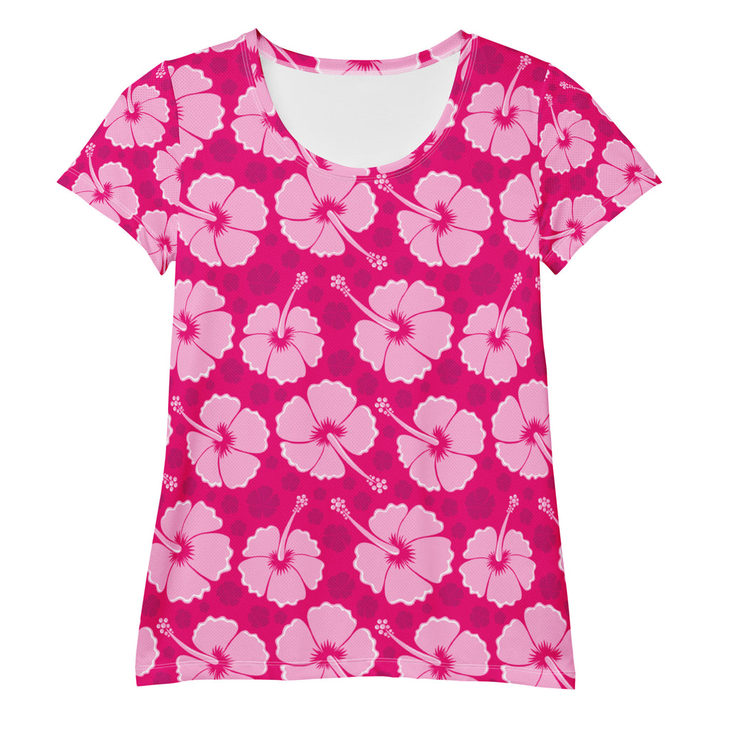 Women’s pink hibiscus performance athletic t-shirt with light pink floral pattern lightweight moisture wicking top