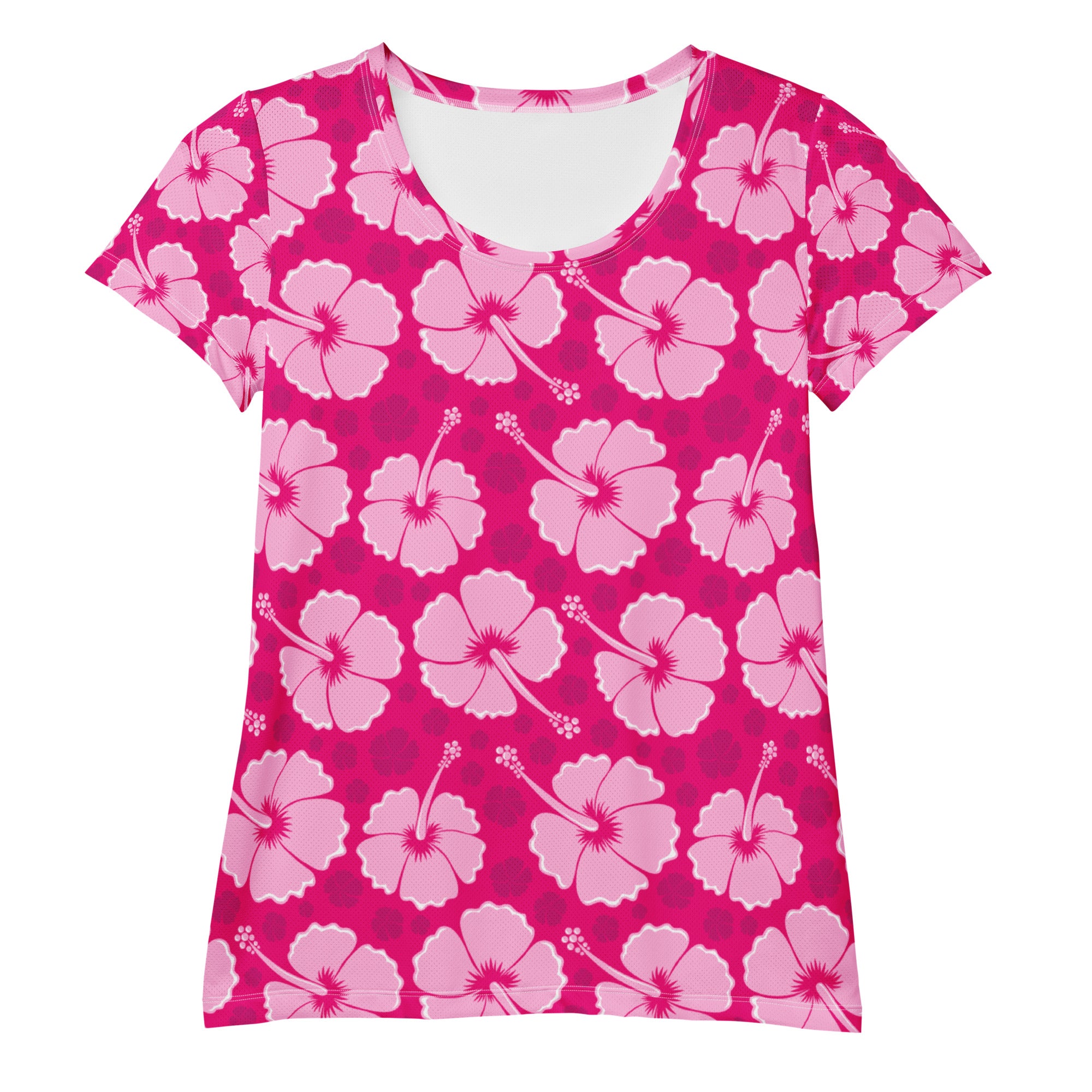 Women’s pink hibiscus performance athletic t-shirt with light pink floral pattern lightweight moisture wicking top