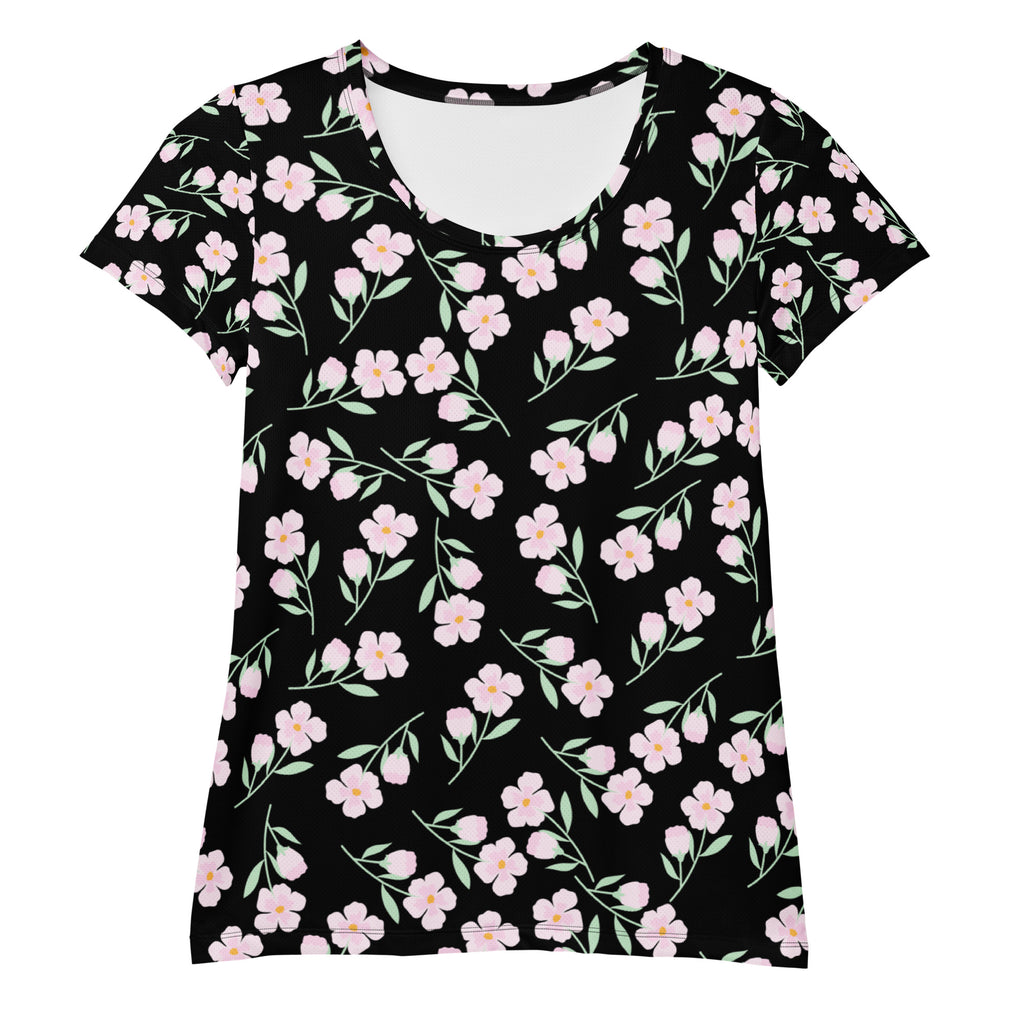 Women’s black floral performance athletic t-shirt with pink flowers green stems lightweight moisture wicking upf 50+