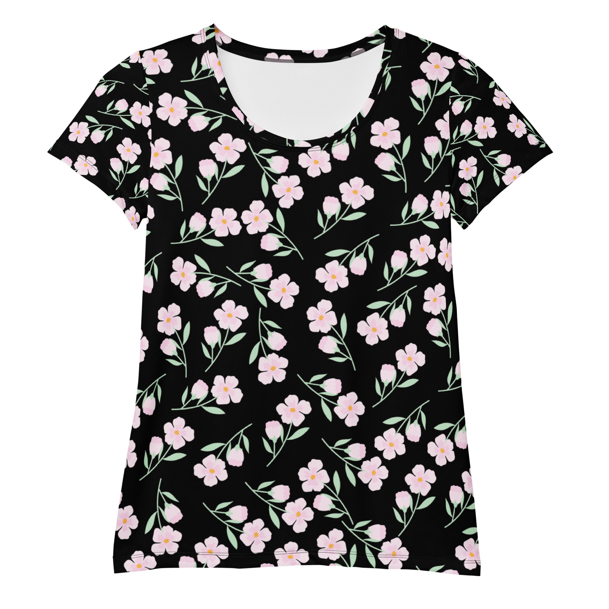 Women’s black floral performance athletic t-shirt with pink flowers green stems lightweight moisture wicking upf 50+