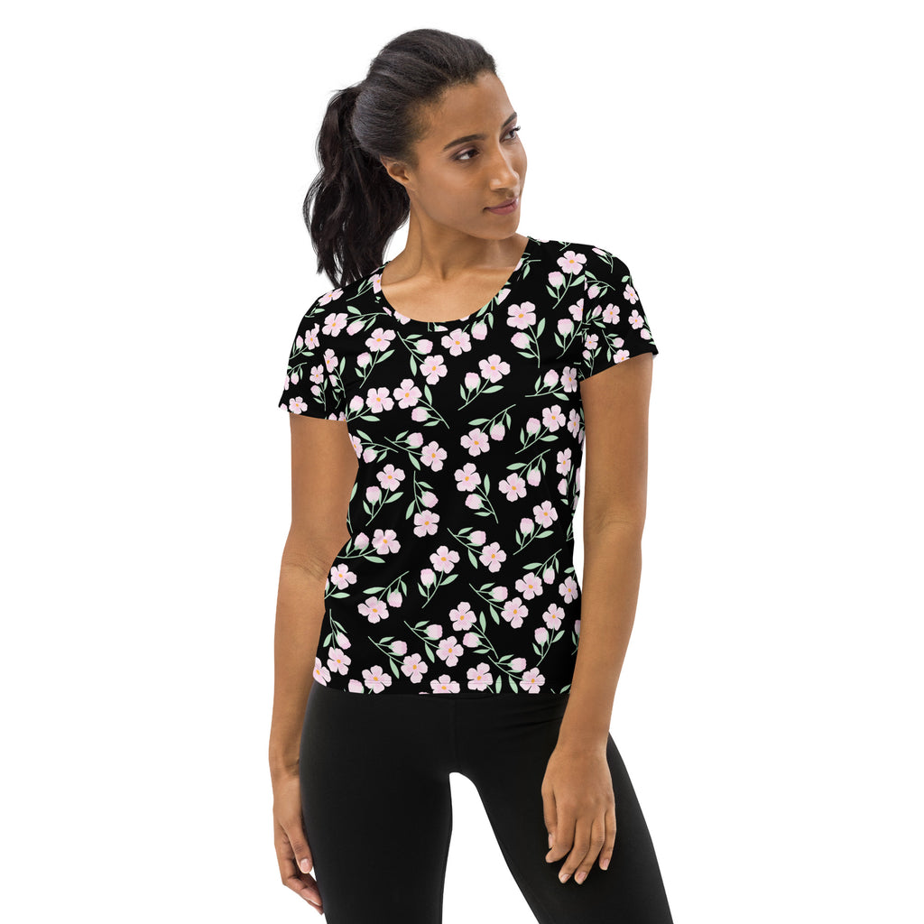 Women’s black floral performance athletic t-shirt with pink pattern lightweight moisture wicking upf 50+