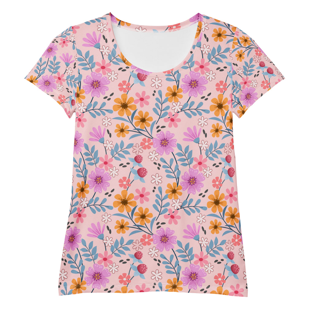 Women’s pink floral performance athletic t-shirt with vibrant blossoms, moisture wicking fabric, and UPF 50+ protection