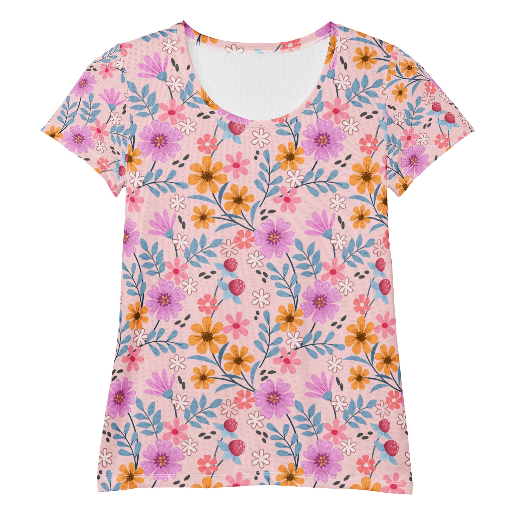 Women’s pink floral performance athletic t-shirt with vibrant blossoms, moisture wicking fabric, and UPF 50+ protection