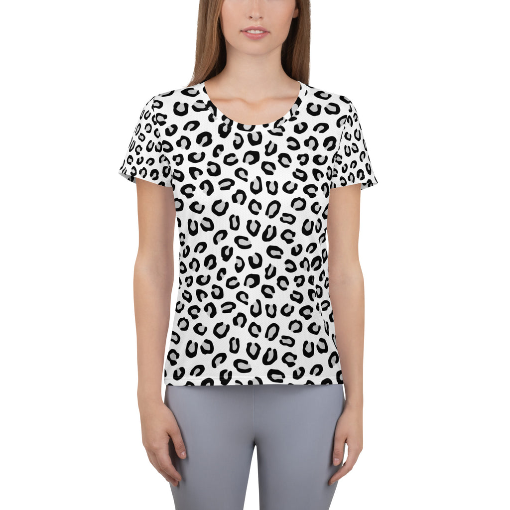 White short-sleeved women’s leopard performance athletic t-shirt with black print, lightweight moisture wicking, UPF 50+