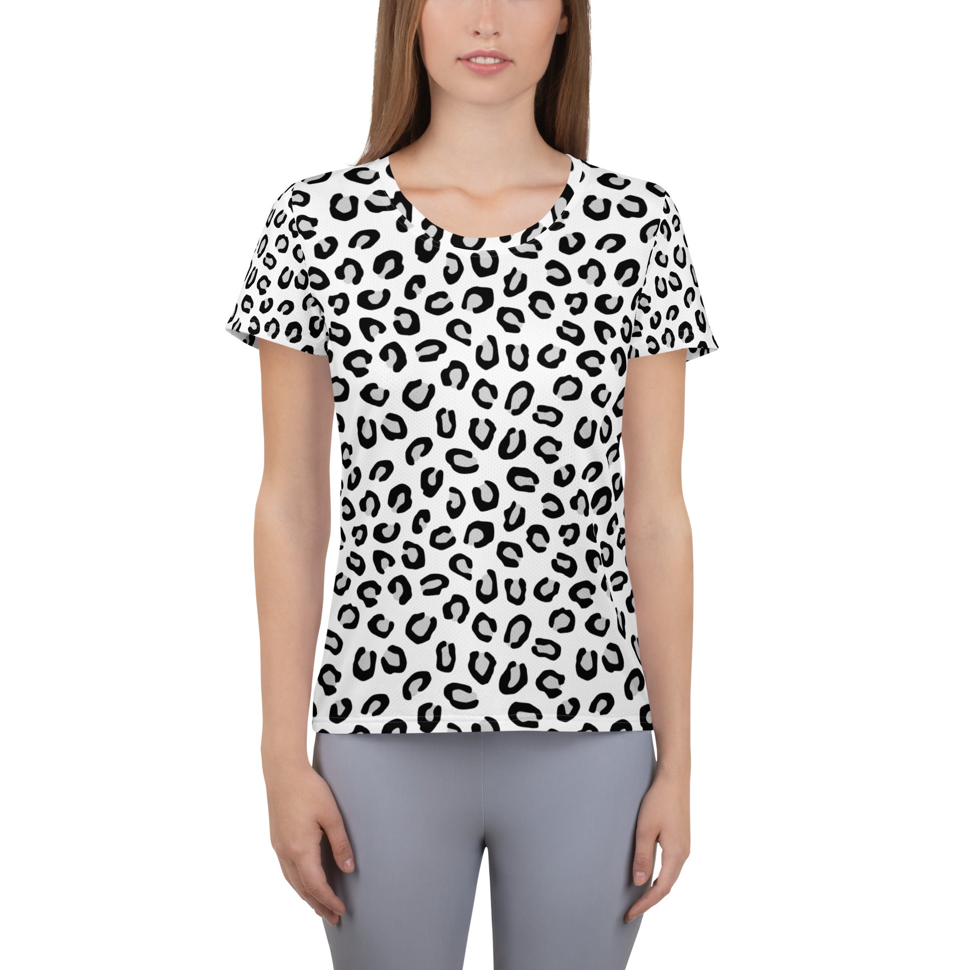 White short-sleeved women’s leopard performance athletic t-shirt with black print, lightweight moisture wicking, UPF 50+