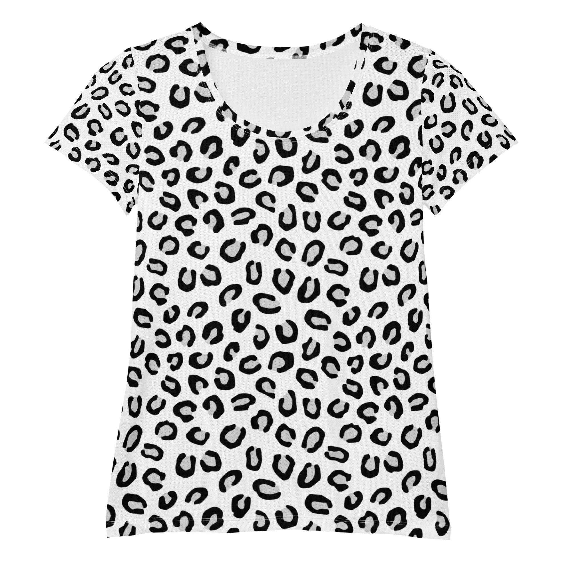 Women’s white short-sleeved leopard print performance athletic t-shirt with moisture wicking and upf 50+ protection