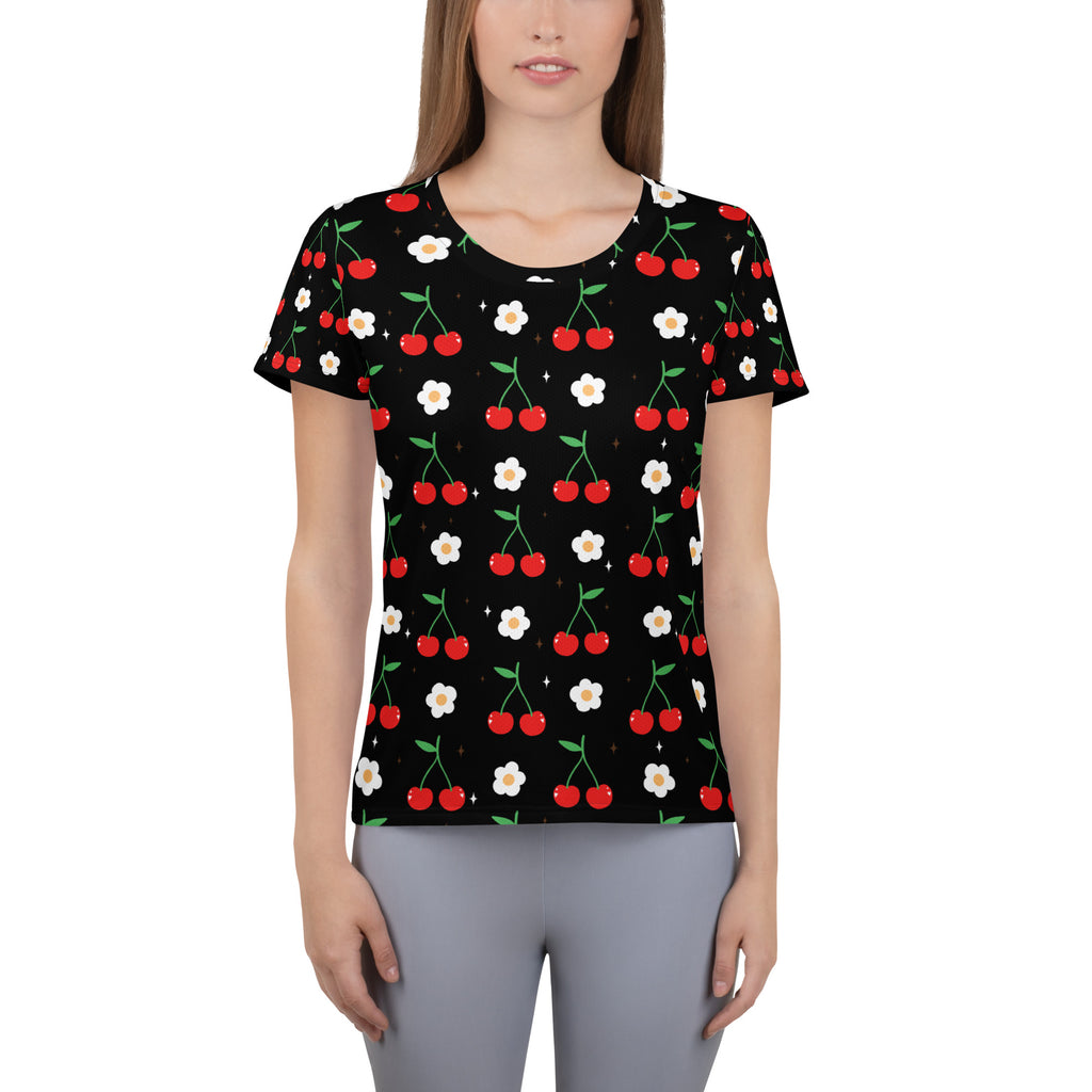 Black women’s short-sleeved performance athletic t-shirt with red cherries white flowers lightweight moisture wicking