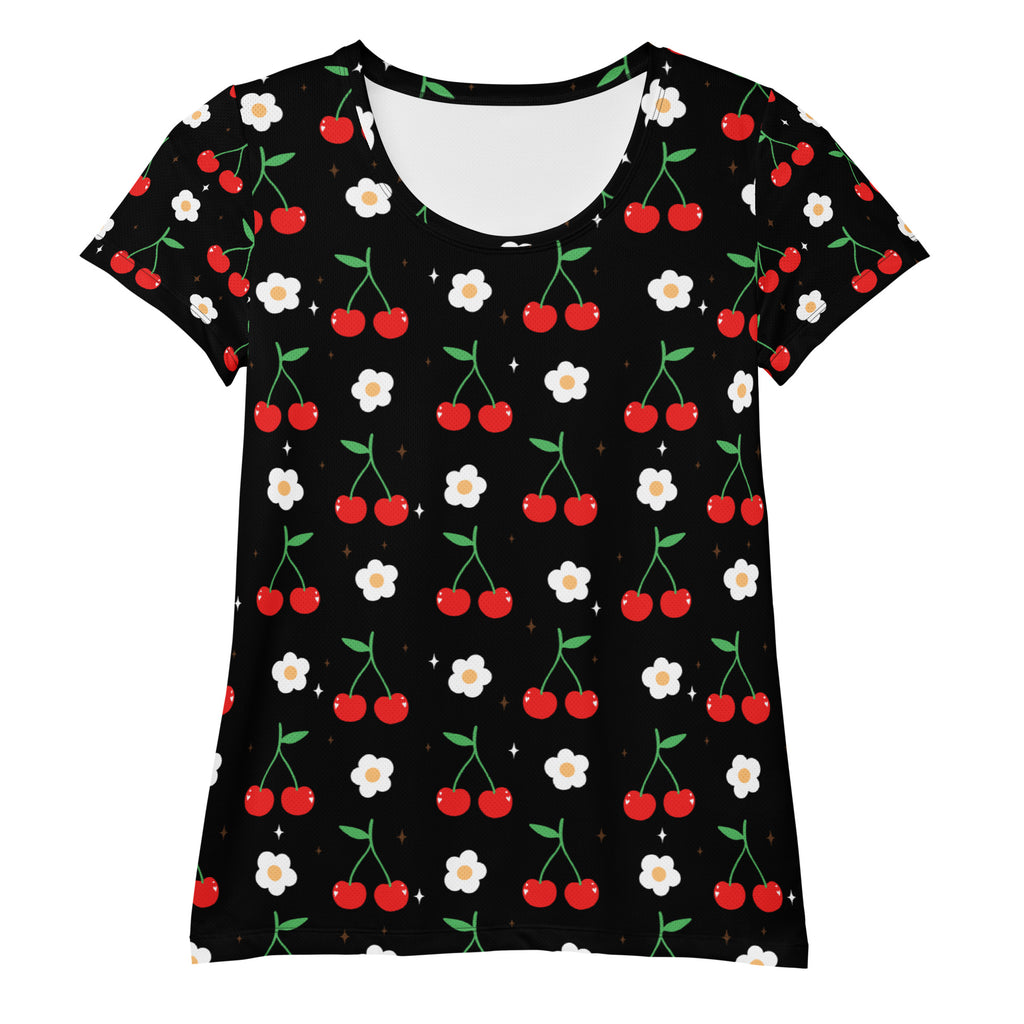 Women’s black short-sleeved lightweight moisture-wicking athletic top with red cherries and white daisies pattern
