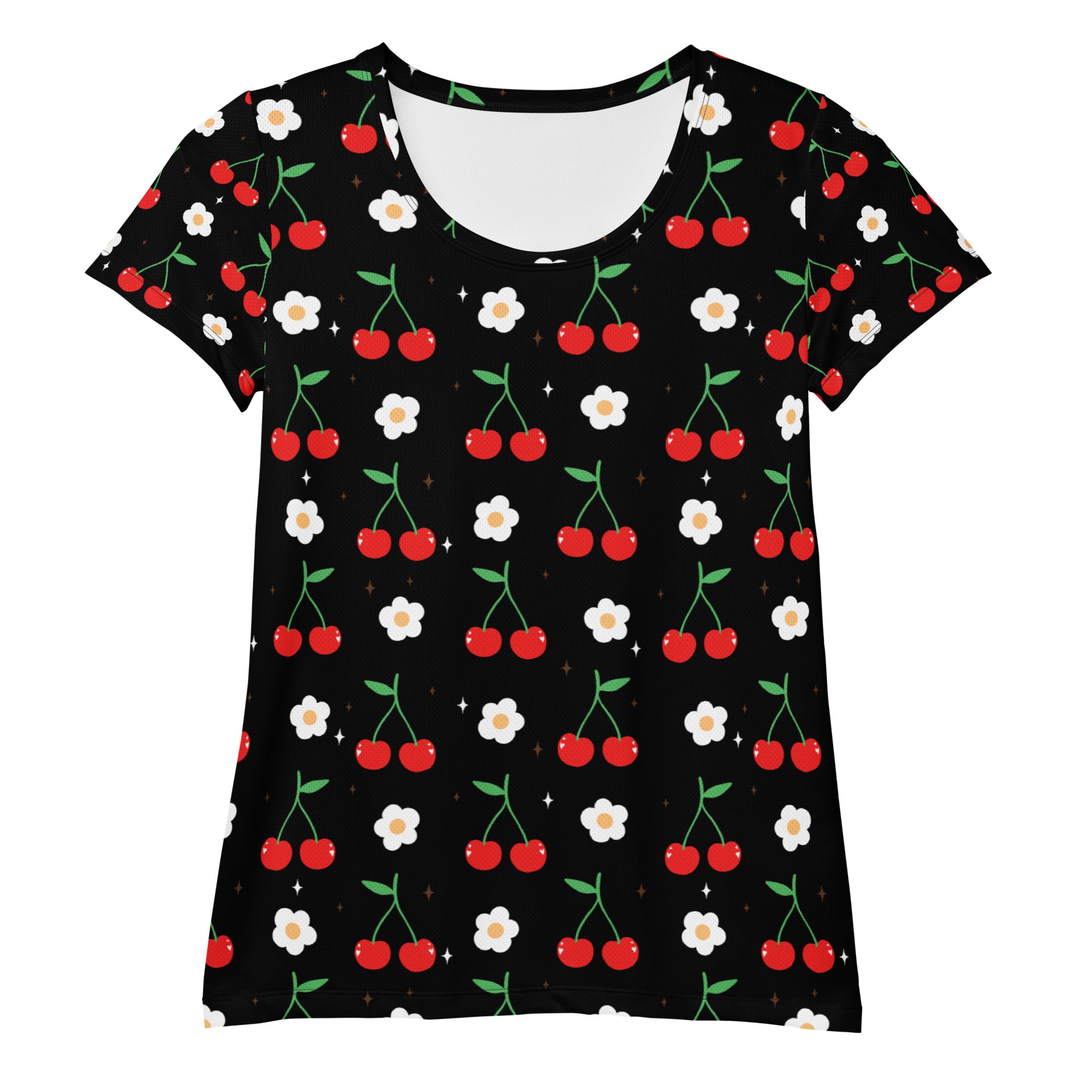 Women’s black short-sleeved lightweight moisture-wicking athletic top with red cherries and white daisies pattern