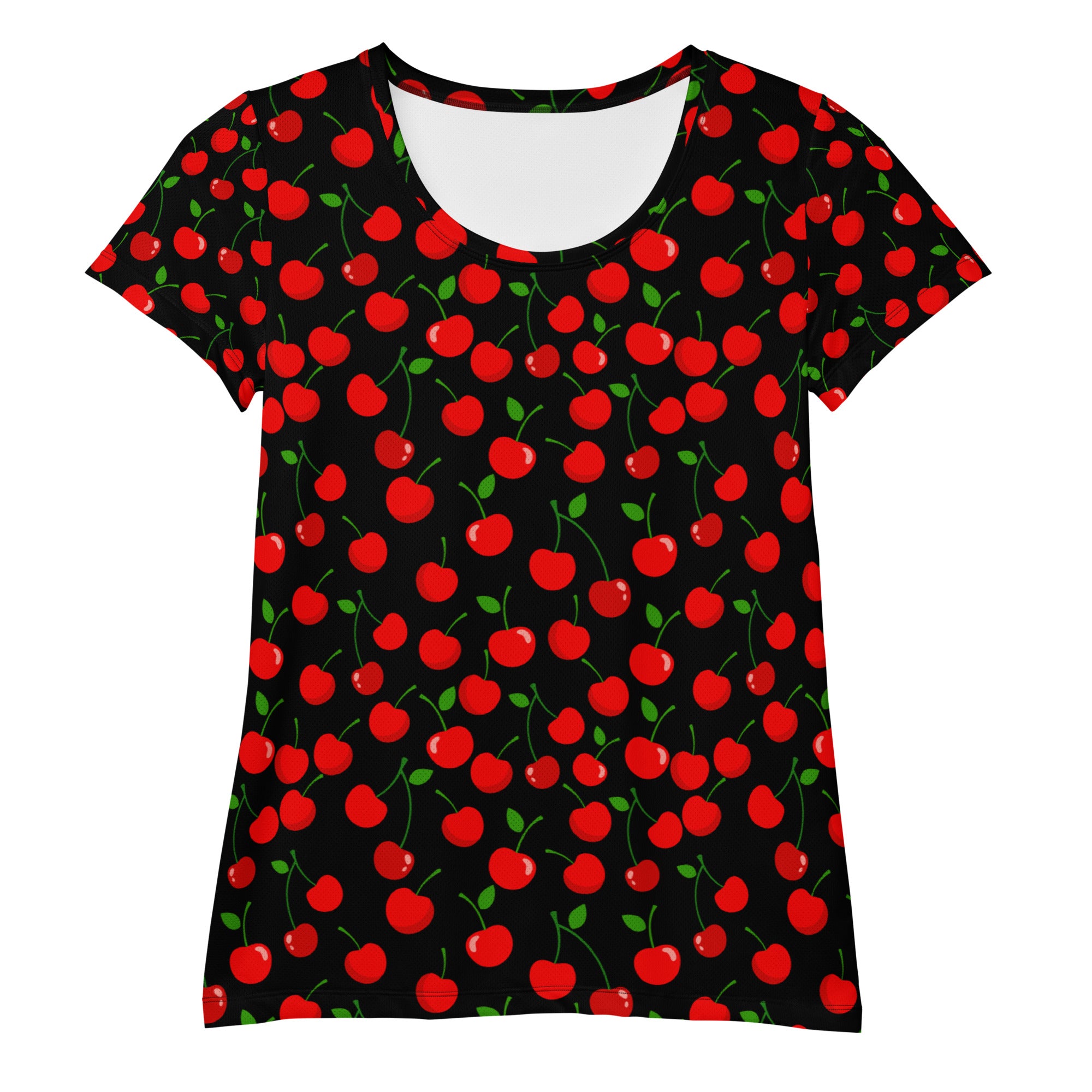 Black short-sleeved women’s athletic t-shirt with vibrant red cherry print, lightweight moisture wicking fabric, UPF 50+