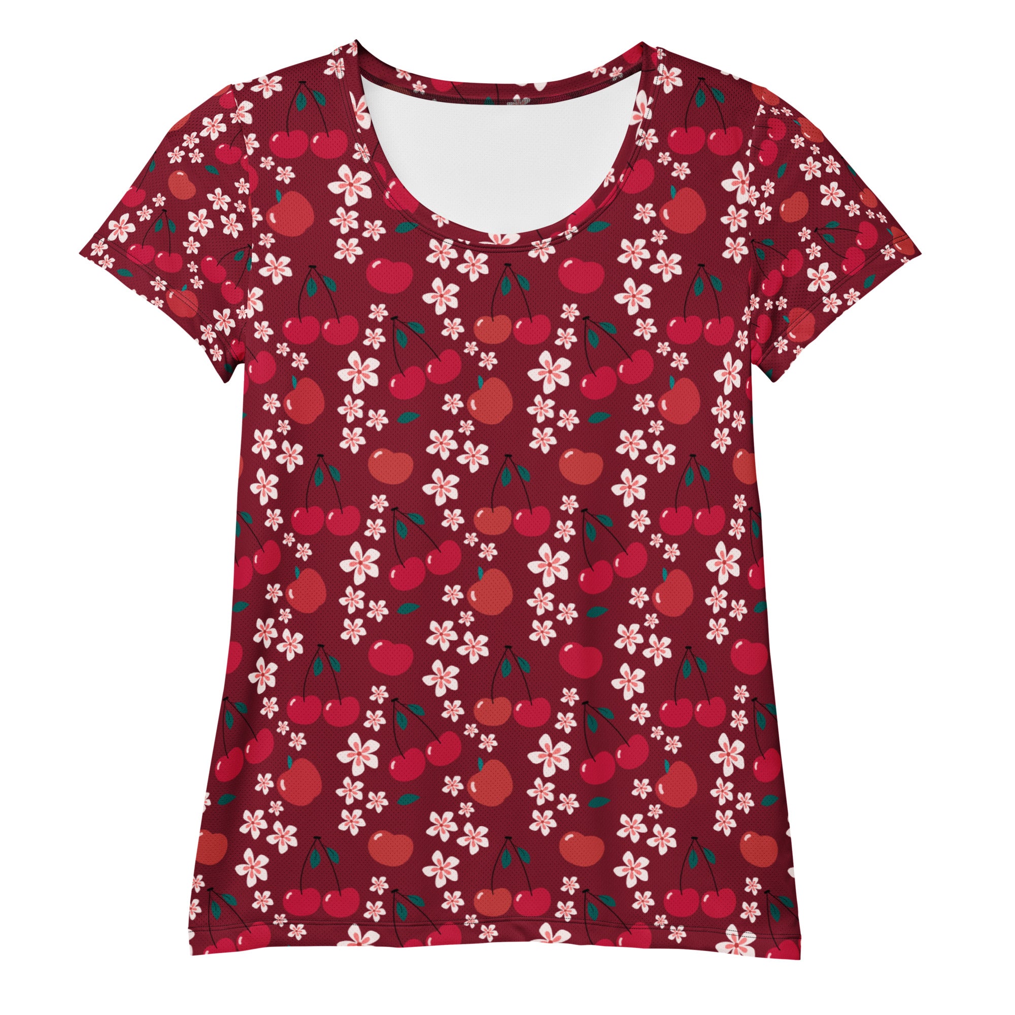 Women’s deep red short-sleeved cherry blossom performance t-shirt lightweight moisture wicking with UPF 50+ protection
