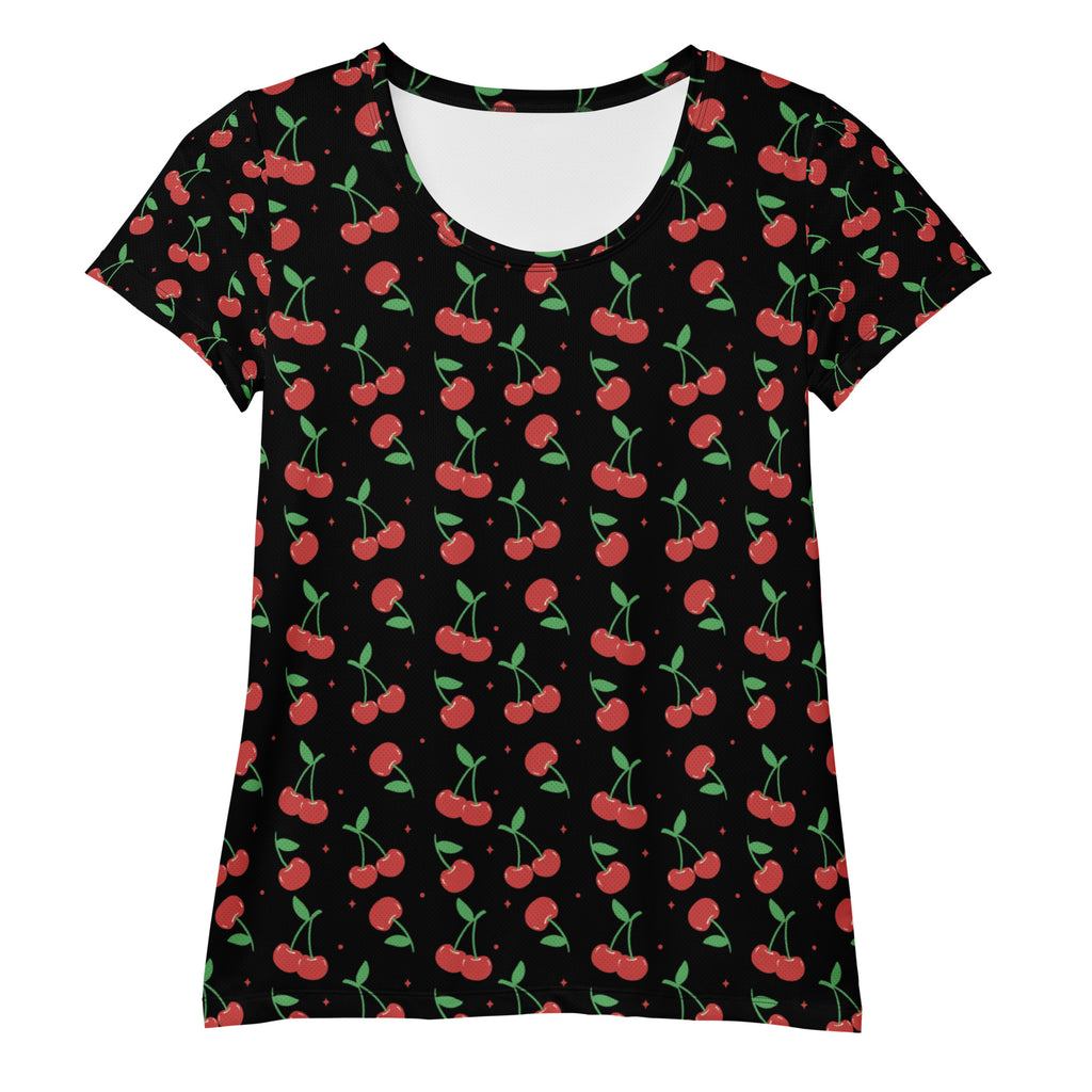 Women’s black short-sleeved cherry print performance athletic t-shirt with moisture wicking and upf 50+ for workouts