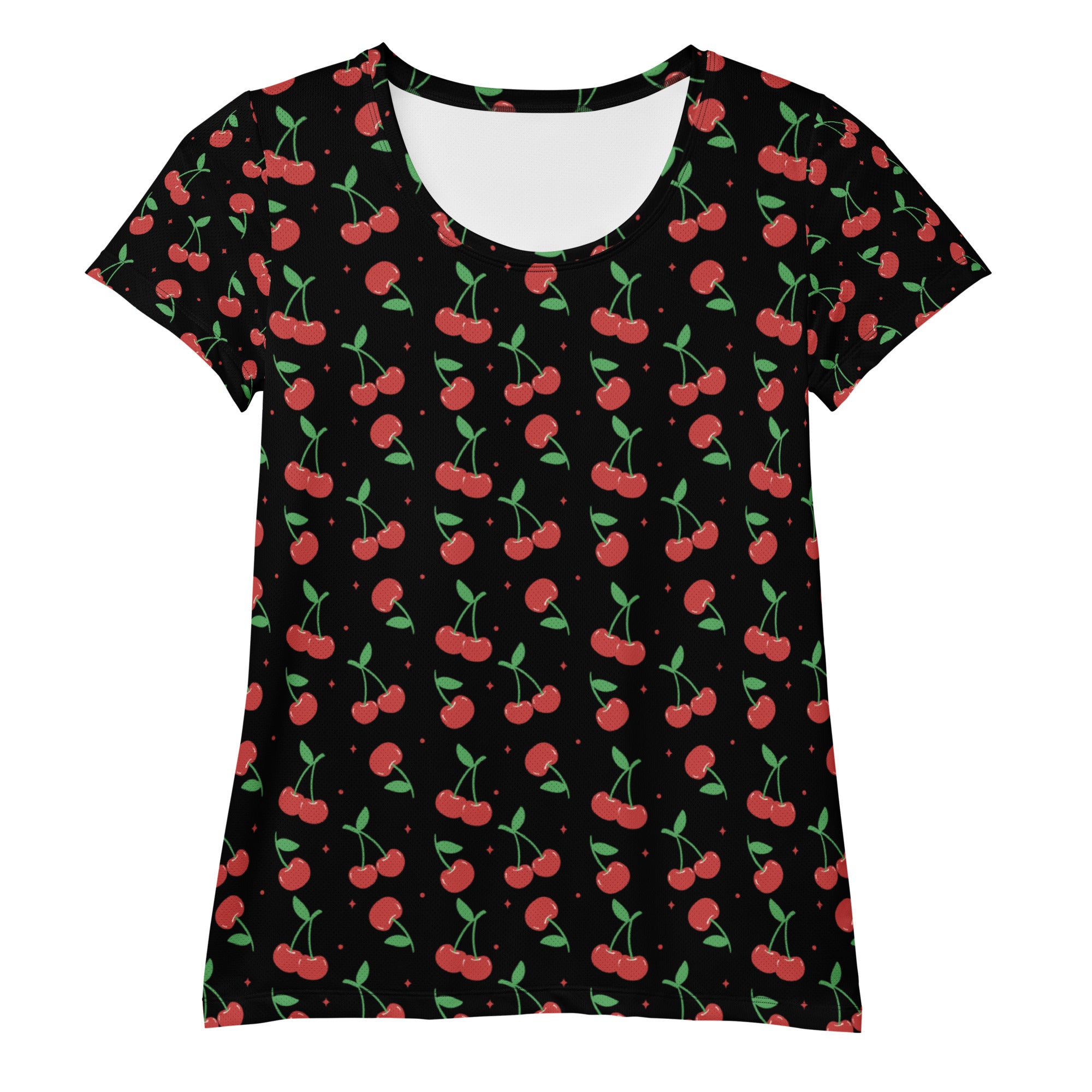 Women’s black short-sleeved cherry print performance athletic t-shirt with moisture wicking and upf 50+ for workouts