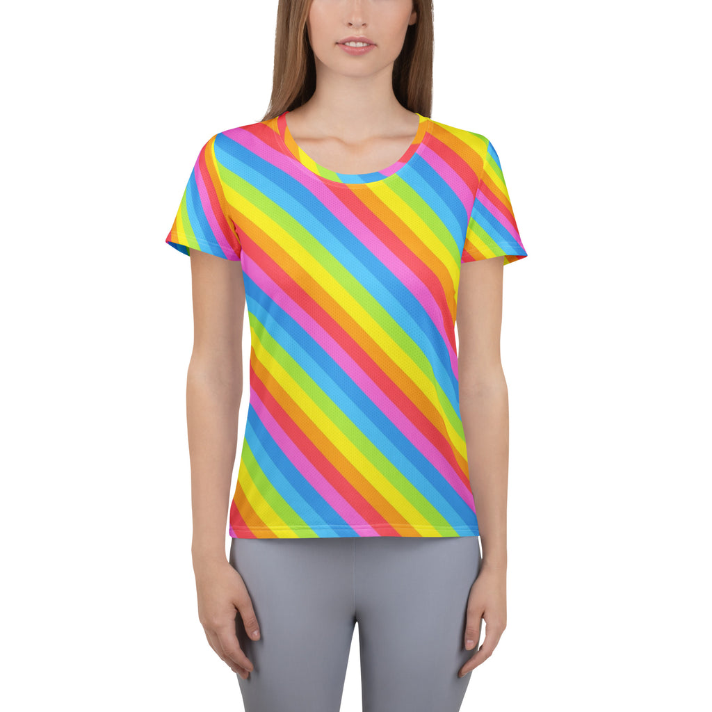 Women’s rainbow stripe performance athletic t-shirt with neon pink yellow blue green diagonal stripes lightweight moisture wicking upf 50+