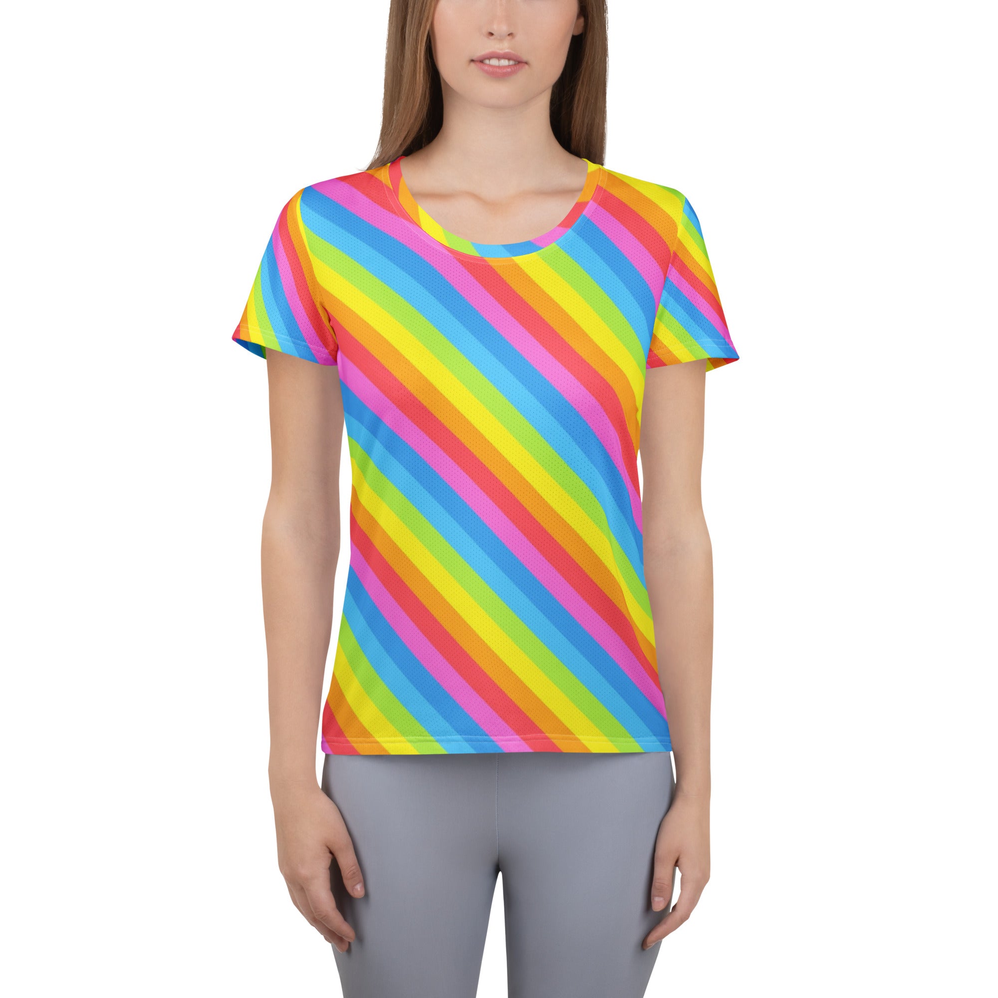 Women’s rainbow stripe performance athletic t-shirt with neon pink yellow blue green diagonal stripes lightweight moisture wicking upf 50+