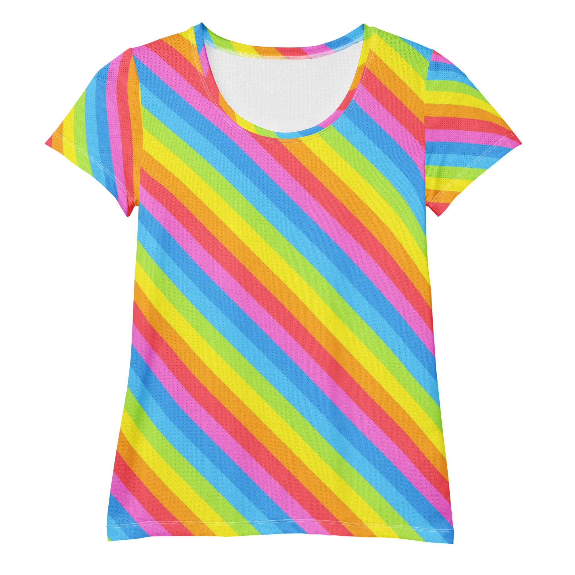 Women’s rainbow stripe performance athletic t-shirt with bold diagonal pink blue yellow green stripes lightweight moisture wicking