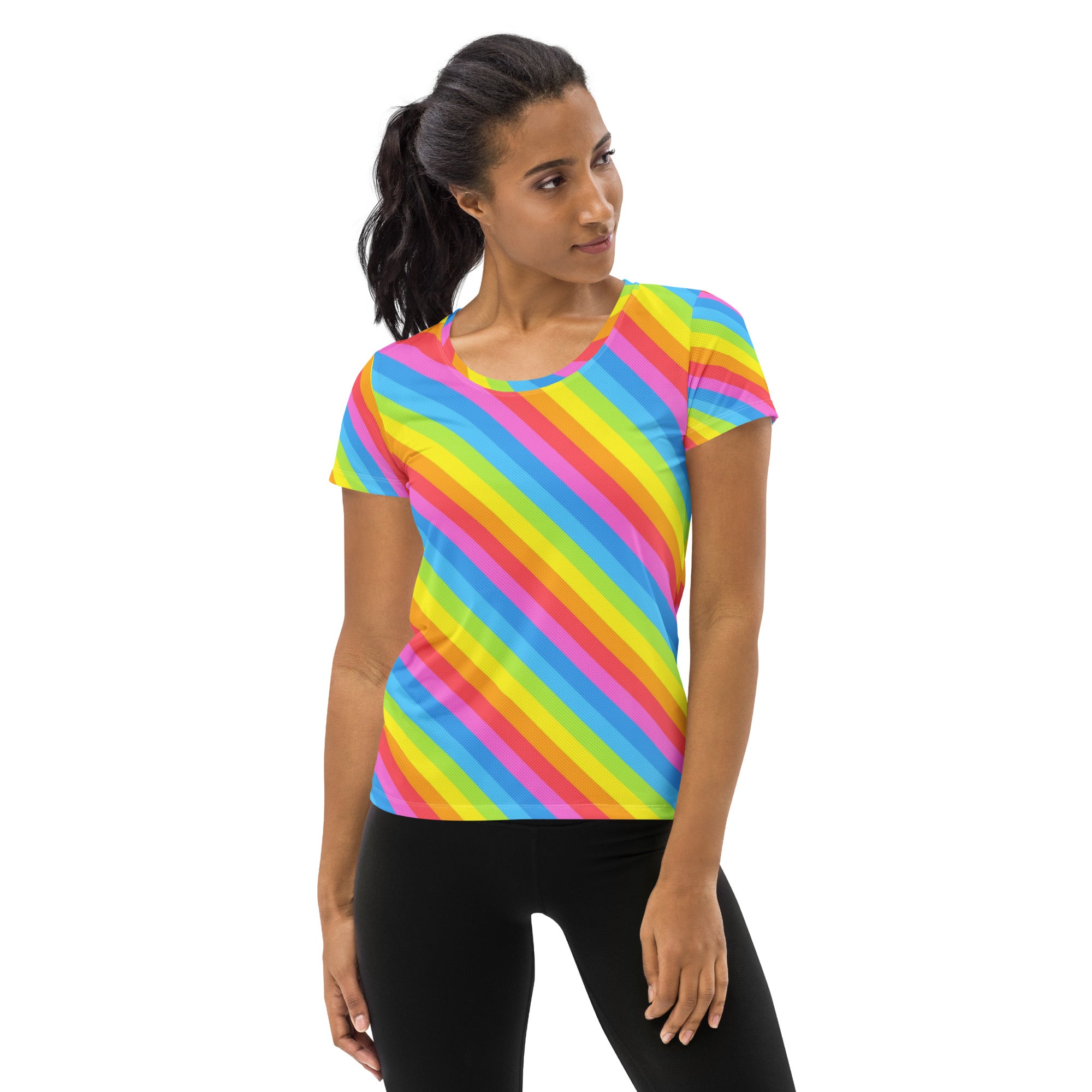 Women’s rainbow stripe performance athletic t-shirt with bold diagonal pink yellow blue and green stripes for workouts