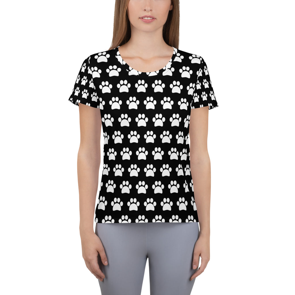 Women’s black short-sleeved performance athletic t-shirt with white paw print pattern lightweight moisture wicking top