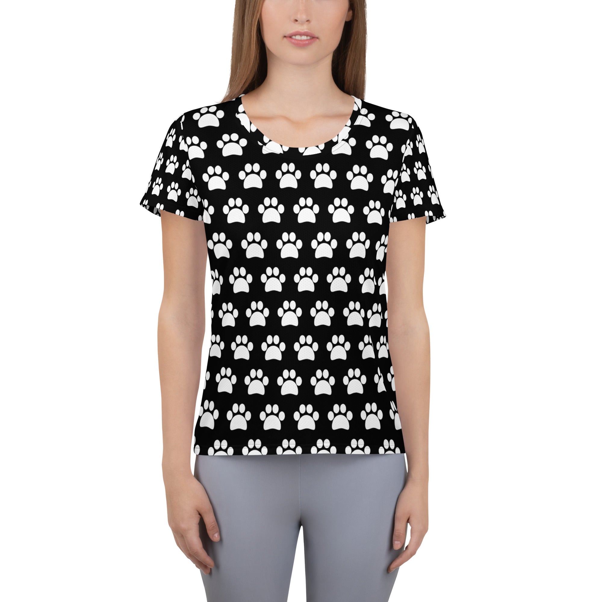 Women’s black short-sleeved performance athletic t-shirt with white paw print pattern lightweight moisture wicking top