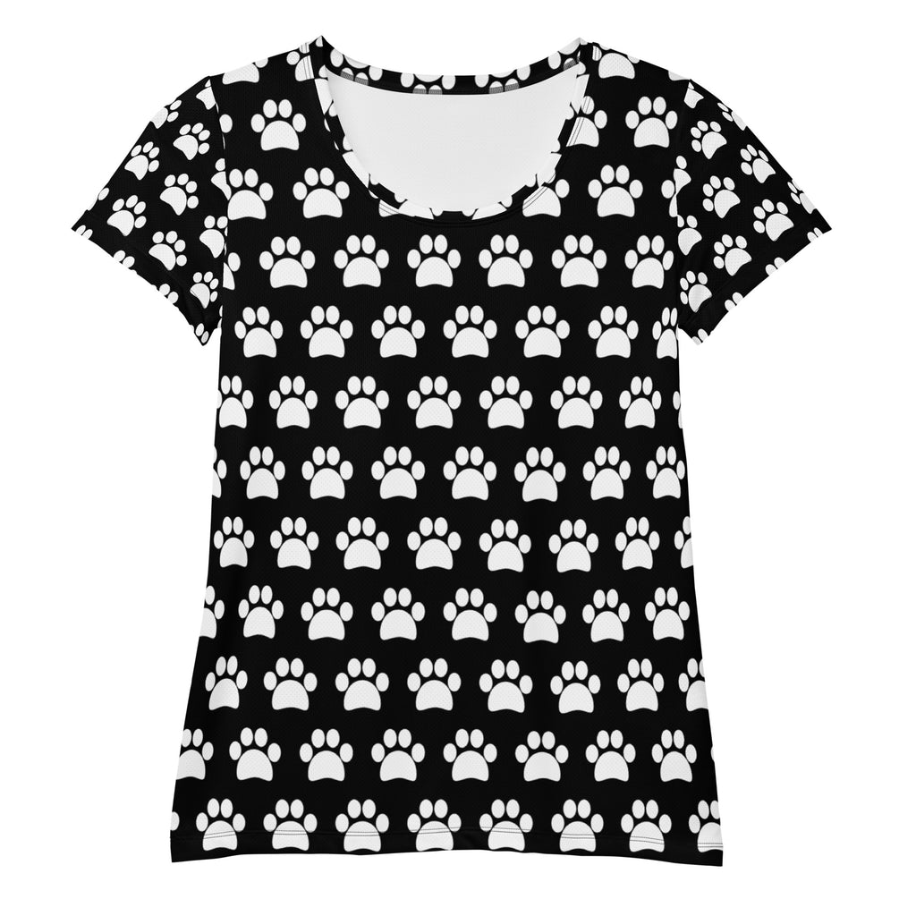 Women’s black short-sleeved performance athletic t-shirt with white paw print pattern and moisture-wicking fabric