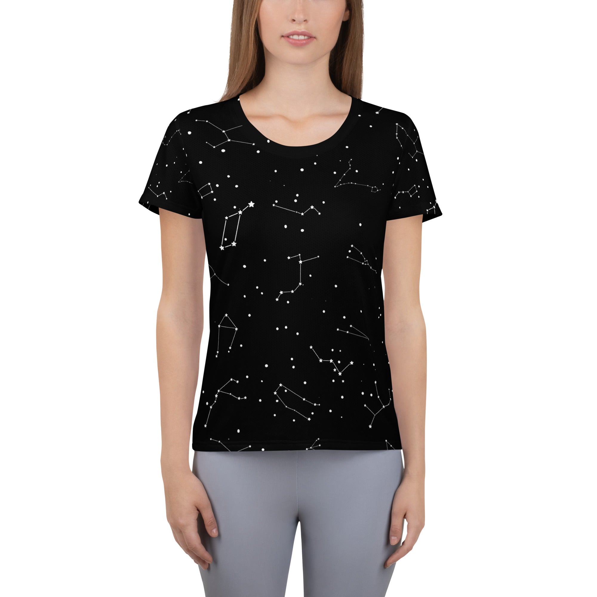 Black short-sleeved women’s athletic t-shirt with white constellation pattern lightweight moisture wicking upf 50+