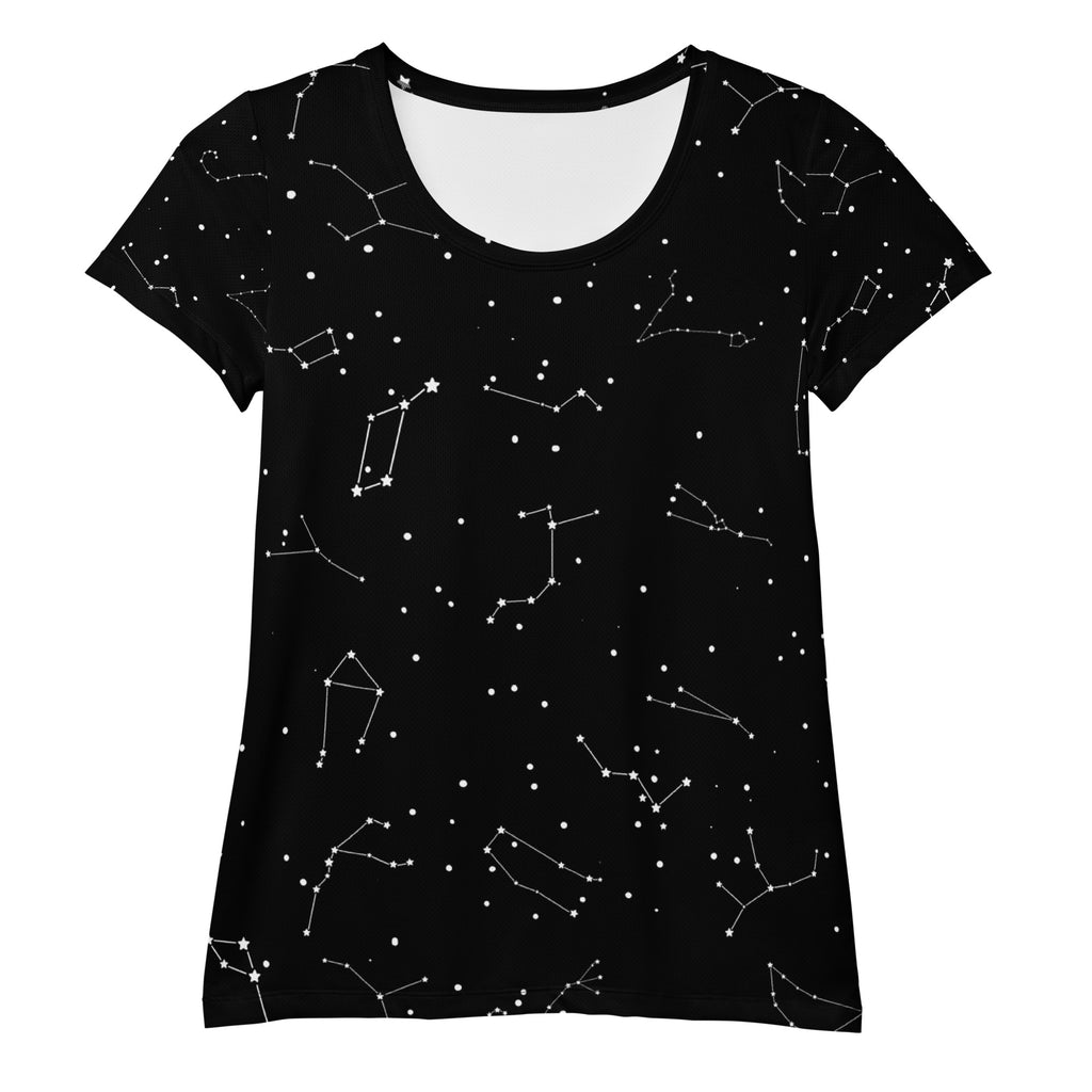 Black women’s short-sleeved performance t-shirt with white realistic celestial constellation pattern and UPF 50+ protection