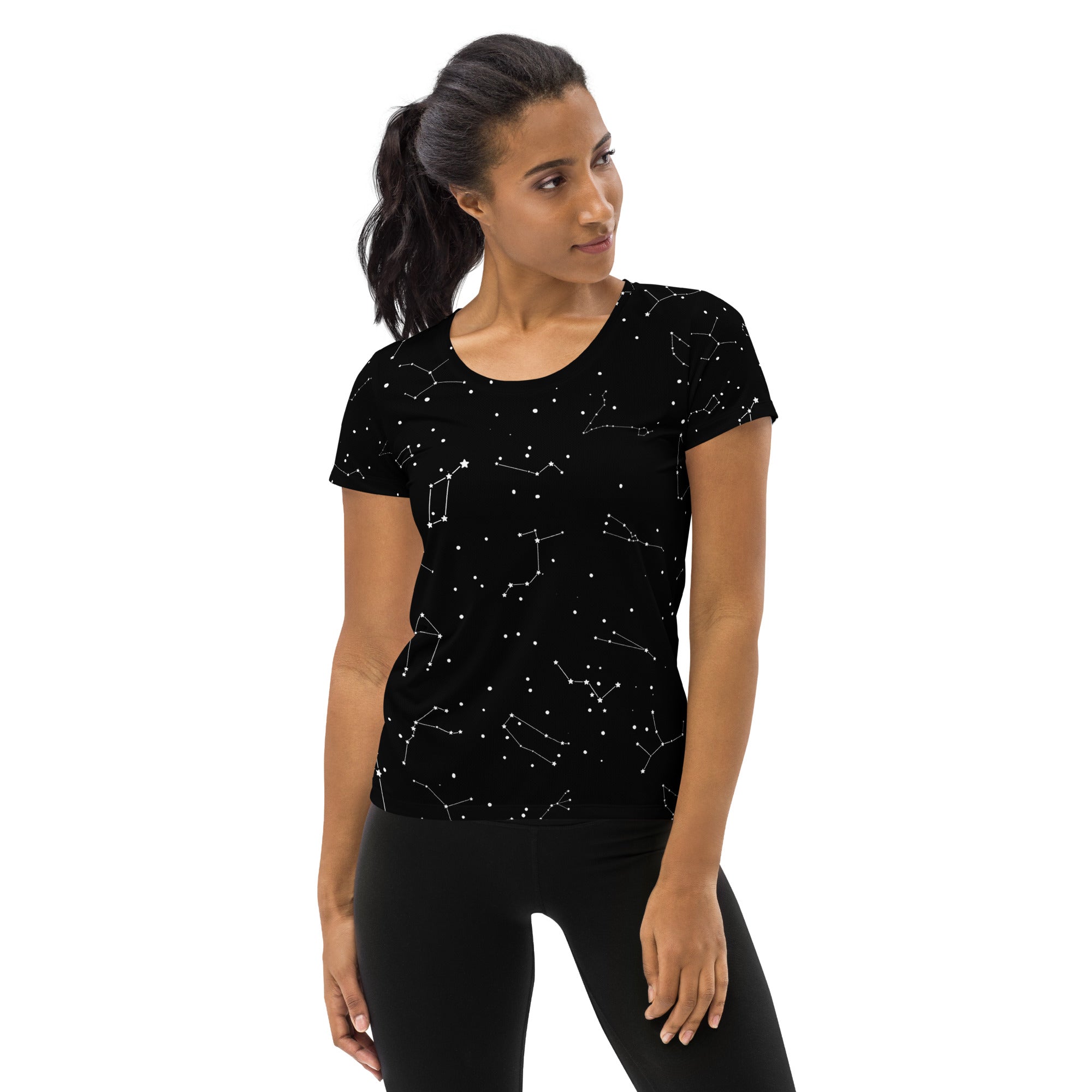 Black women’s short-sleeved realistic constellations performance t-shirt with white star patterns and moisture wicking fabric
