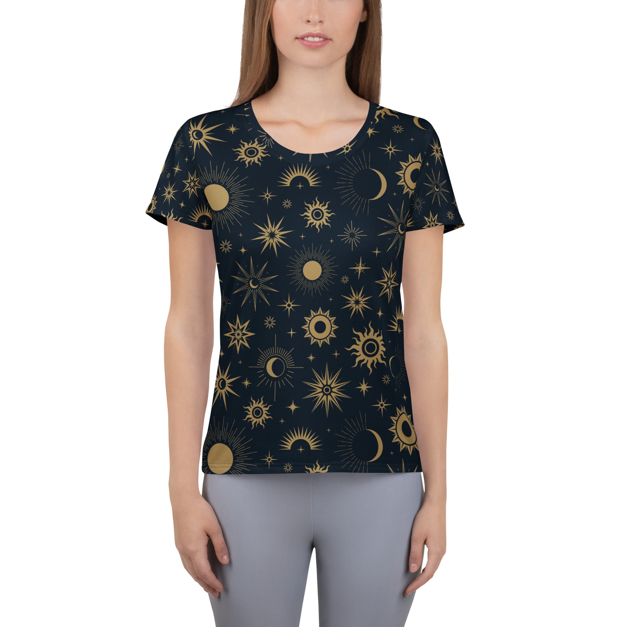 Women’s navy blue short-sleeved celestial sun and moon performance athletic t-shirt with gold pattern and UPF 50+ protection