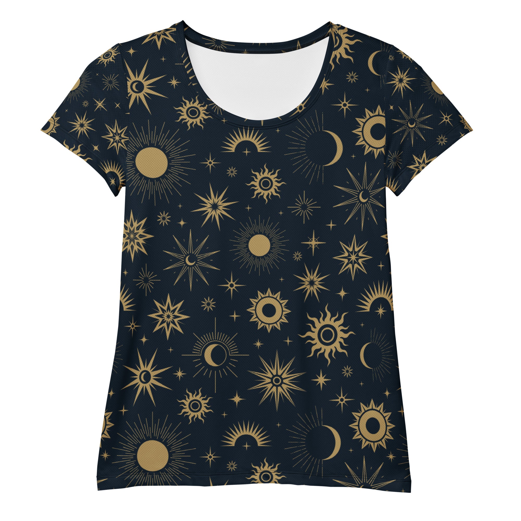 Women’s navy blue short-sleeved performance athletic t-shirt with celestial gold suns moons and stars pattern