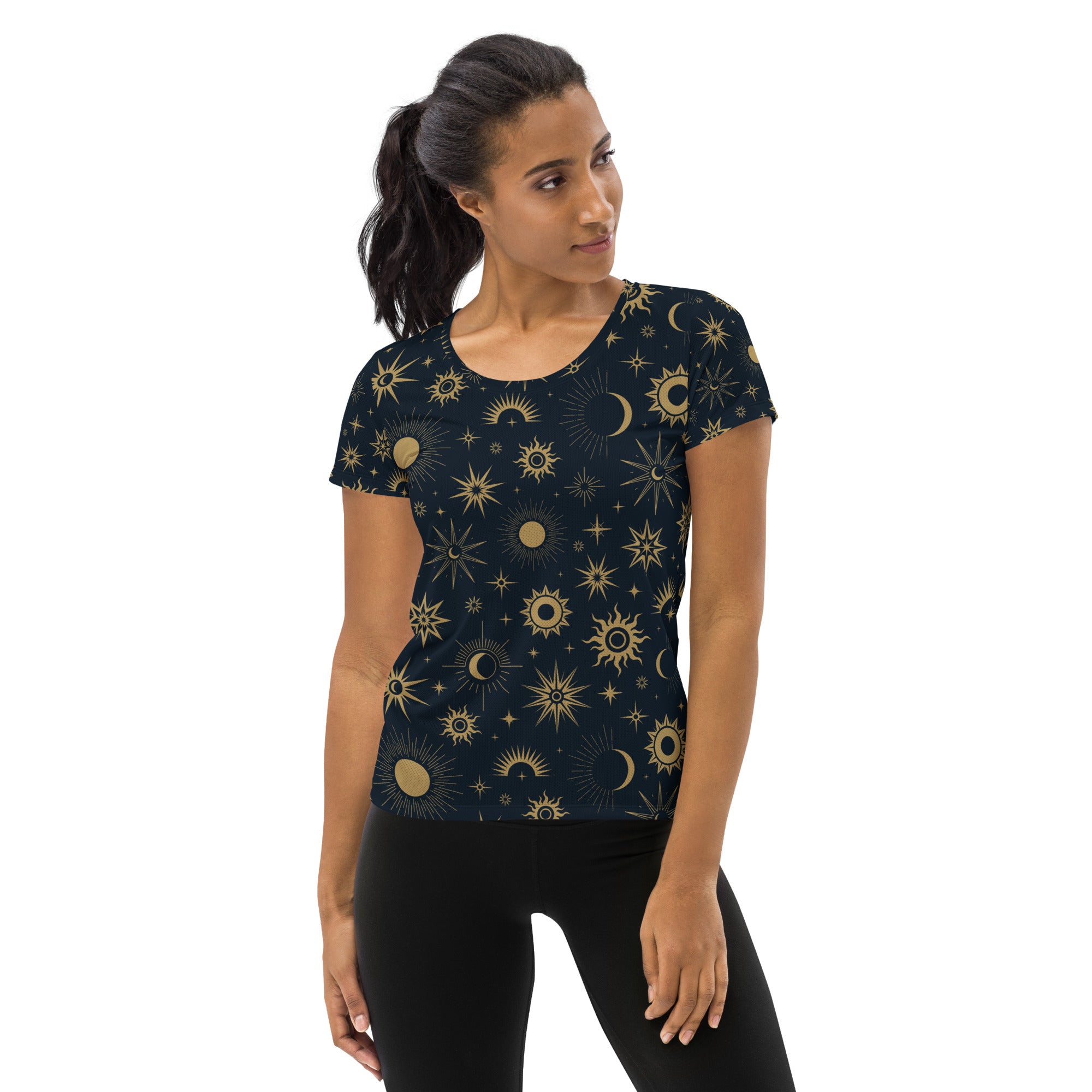 A dark navy women’s short-sleeved celestial sun moon performance t-shirt with moisture wicking and UPF 50+ protection