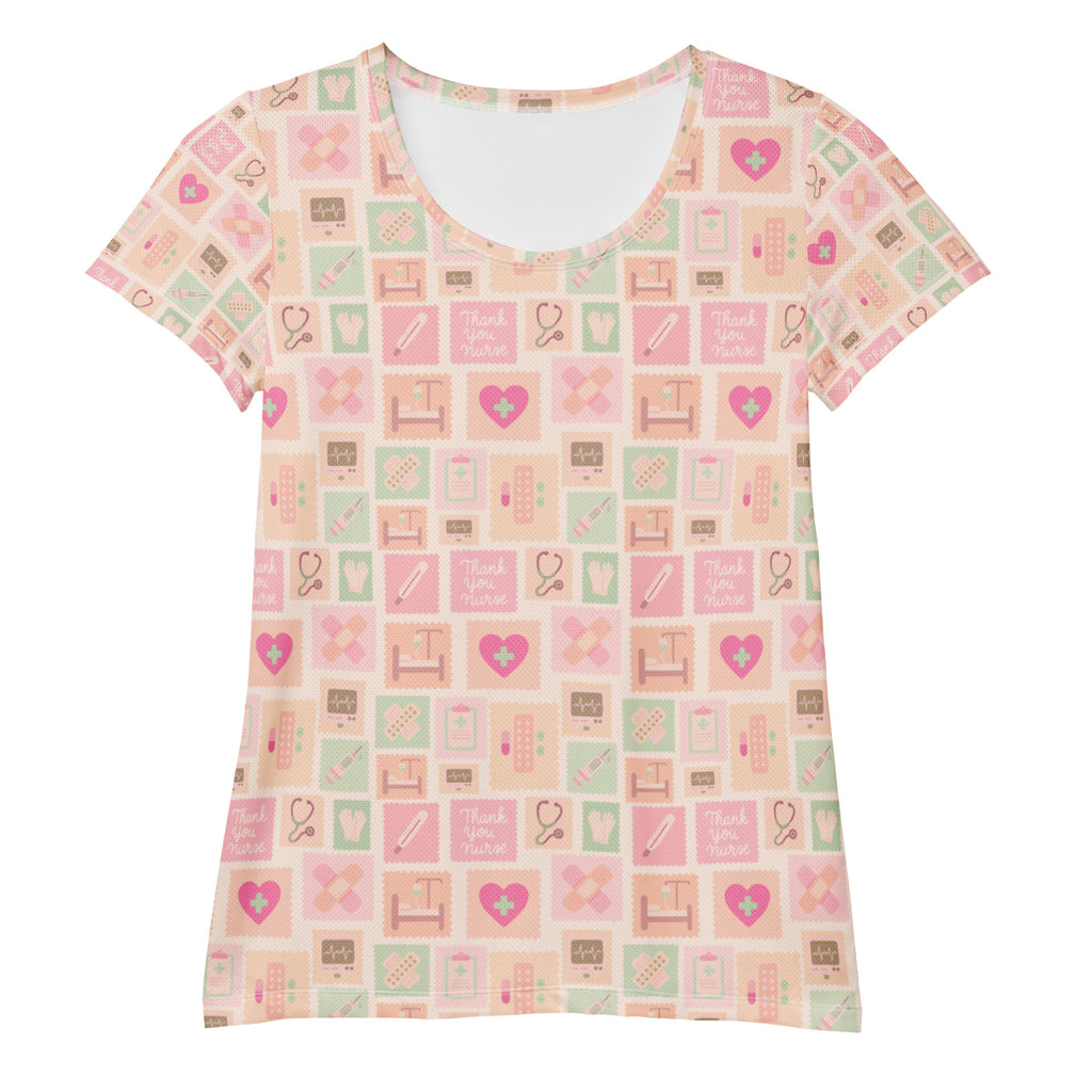 Women’s pink nurse icon performance athletic t-shirt with soft pink mint green medical print lightweight moisture wicking