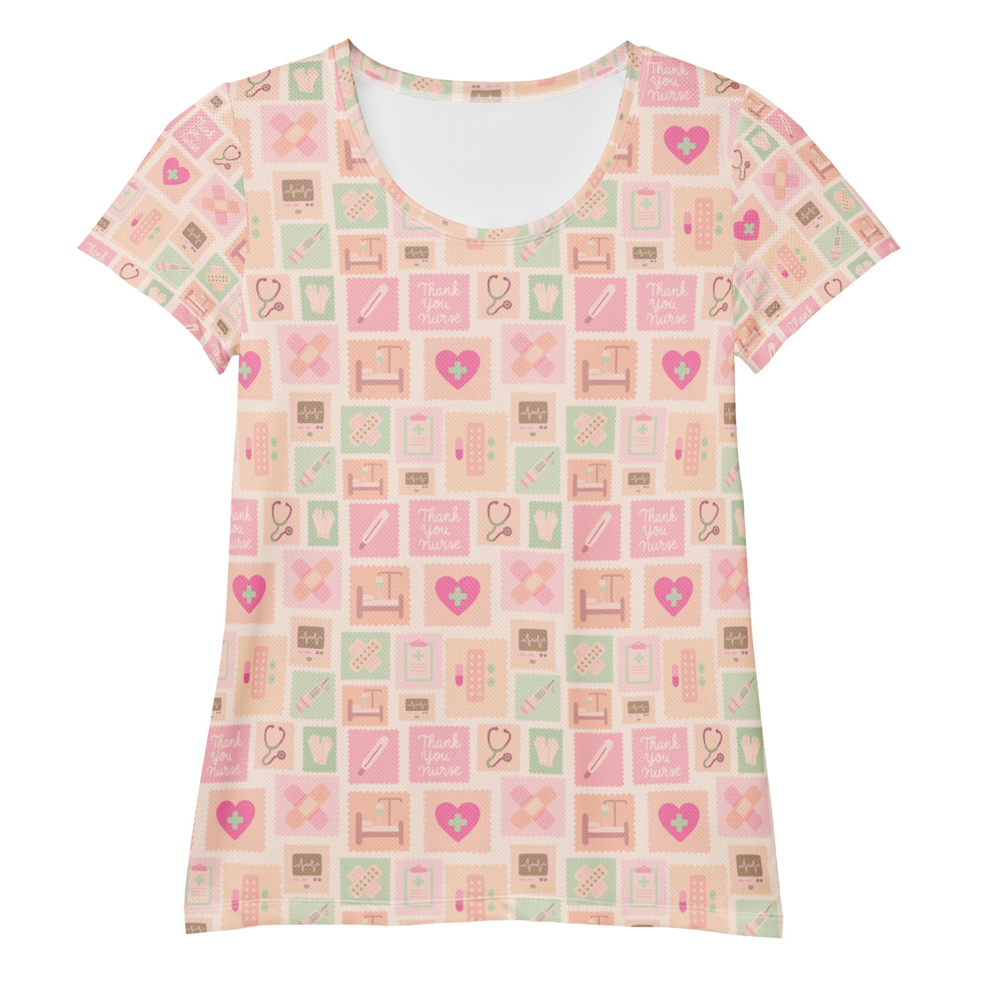 Women’s pink nurse icon performance athletic t-shirt with soft pink mint green medical print lightweight moisture wicking