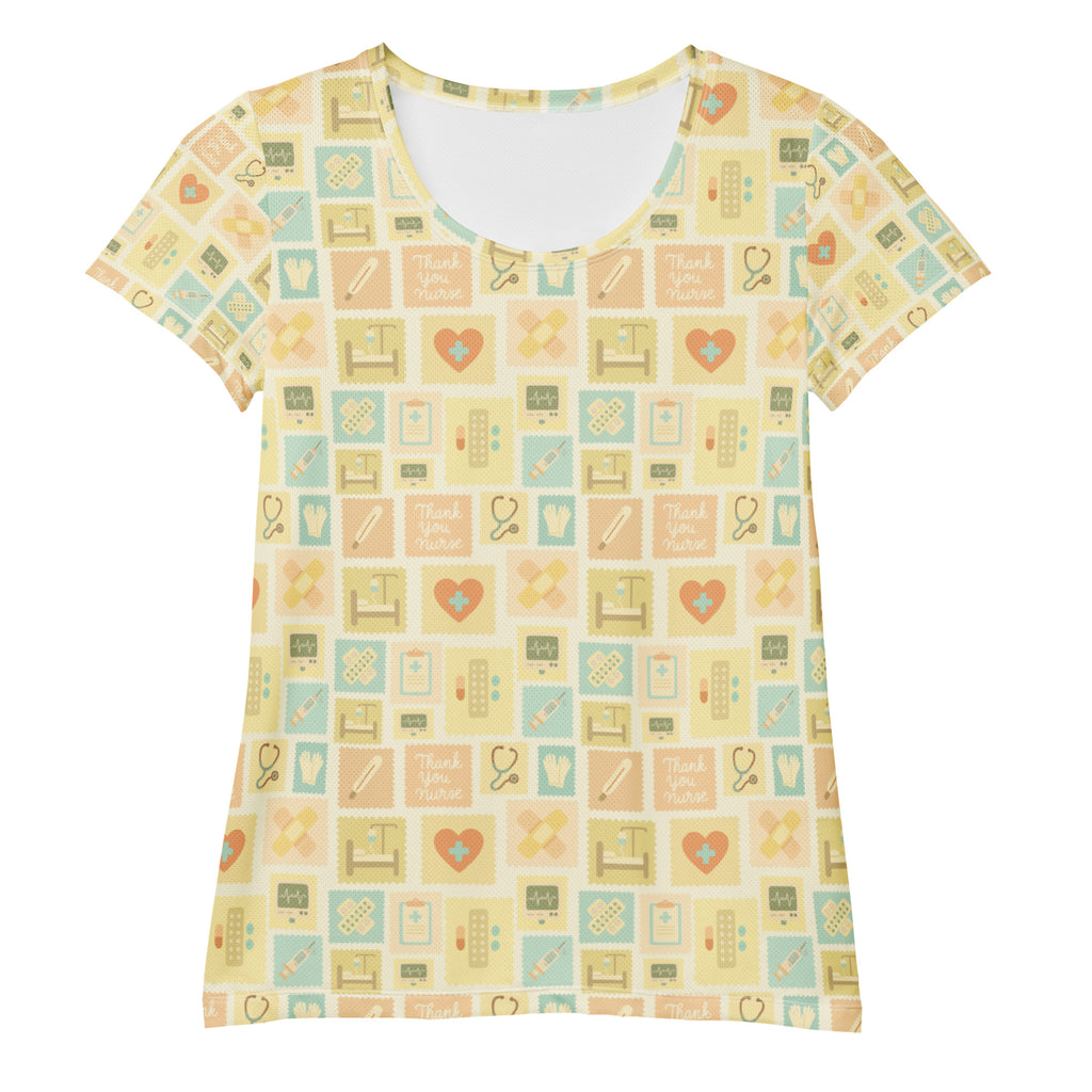 Women’s yellow soft short-sleeved nurse icon performance t-shirt with pastel medical pattern and thank you nurse text