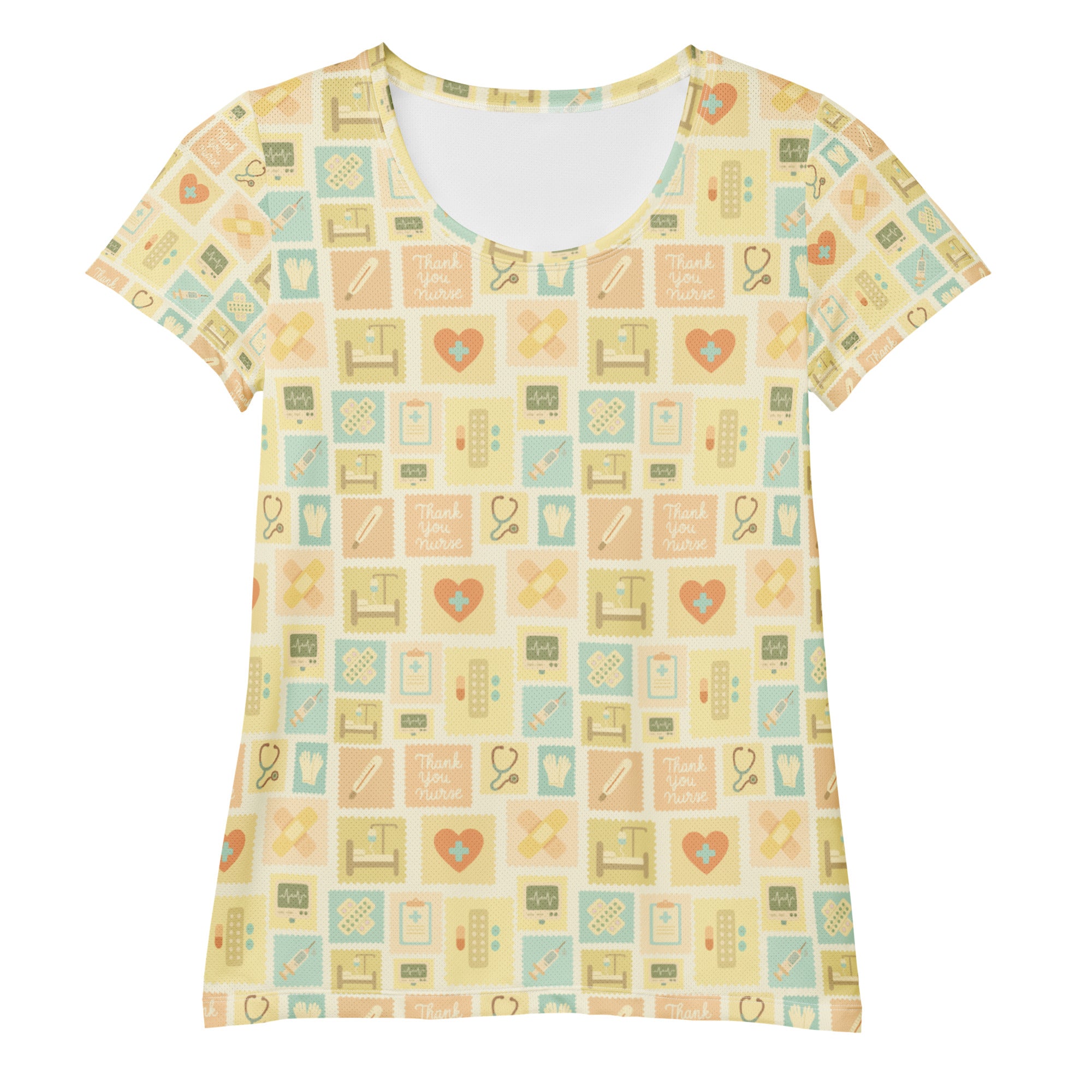 Women’s yellow soft short-sleeved nurse icon performance t-shirt with pastel medical pattern and thank you nurse text