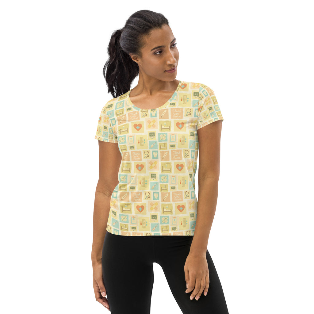 Women’s yellow short-sleeved nurse icon performance t-shirt with moisture wicking fabric and UPF 50+ for workouts