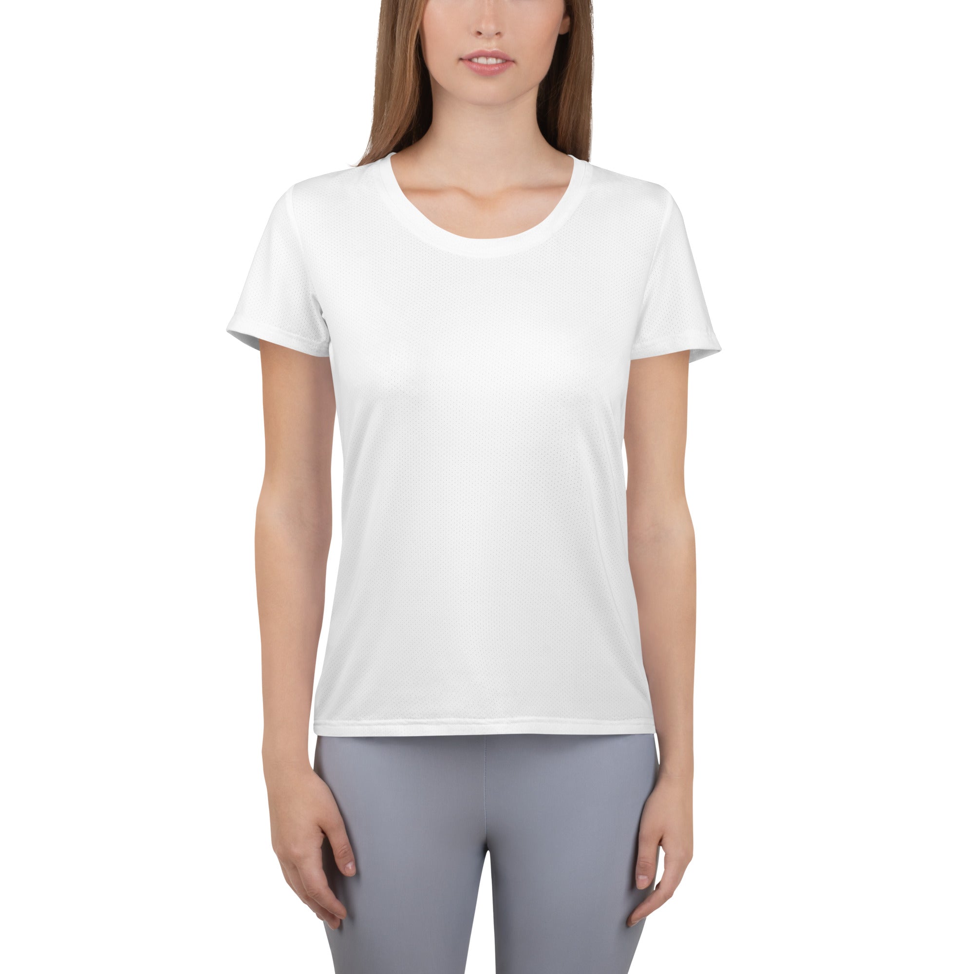 Women’s white performance athletic t-shirt with short sleeves lightweight moisture wicking fabric and UPF 50+ protection