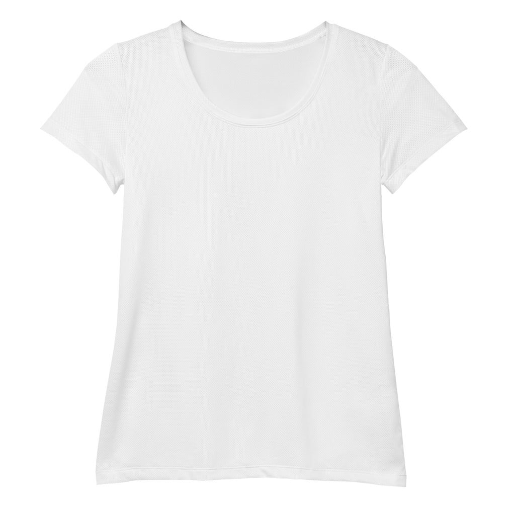 White short-sleeved women’s performance athletic t-shirt with soft smooth fabric and a gently curved neckline