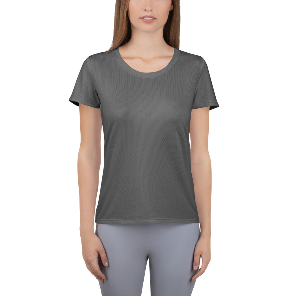 Women’s gray performance athletic t-shirt with short sleeves subtle texture moisture wicking and UPF 50+ protection